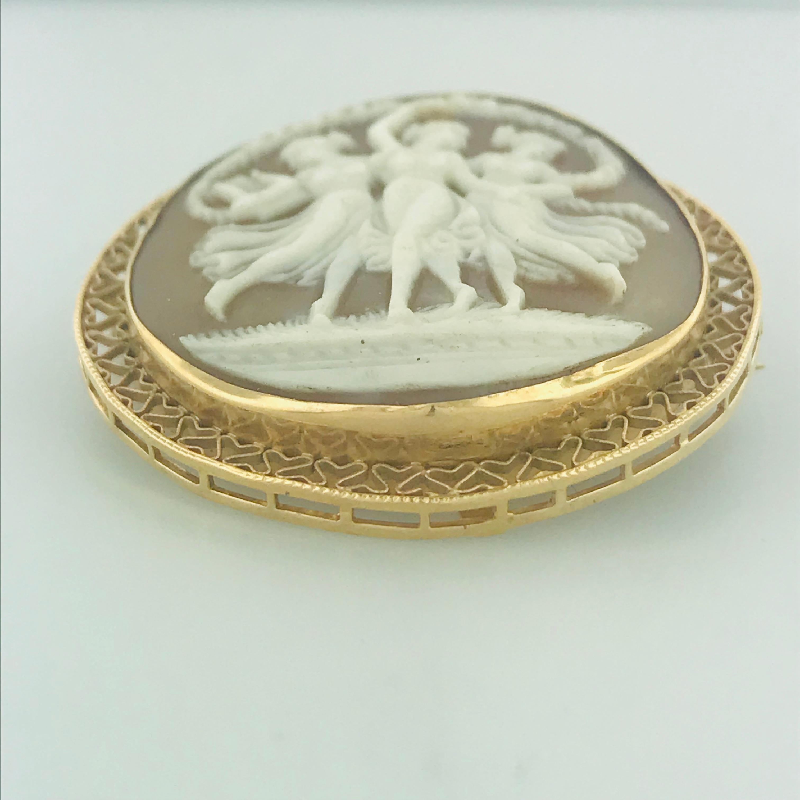 Artisan Vintage Cameo Brooch/Pin of Three Graces in 14 Karat Yellow Gold Filigree Frame