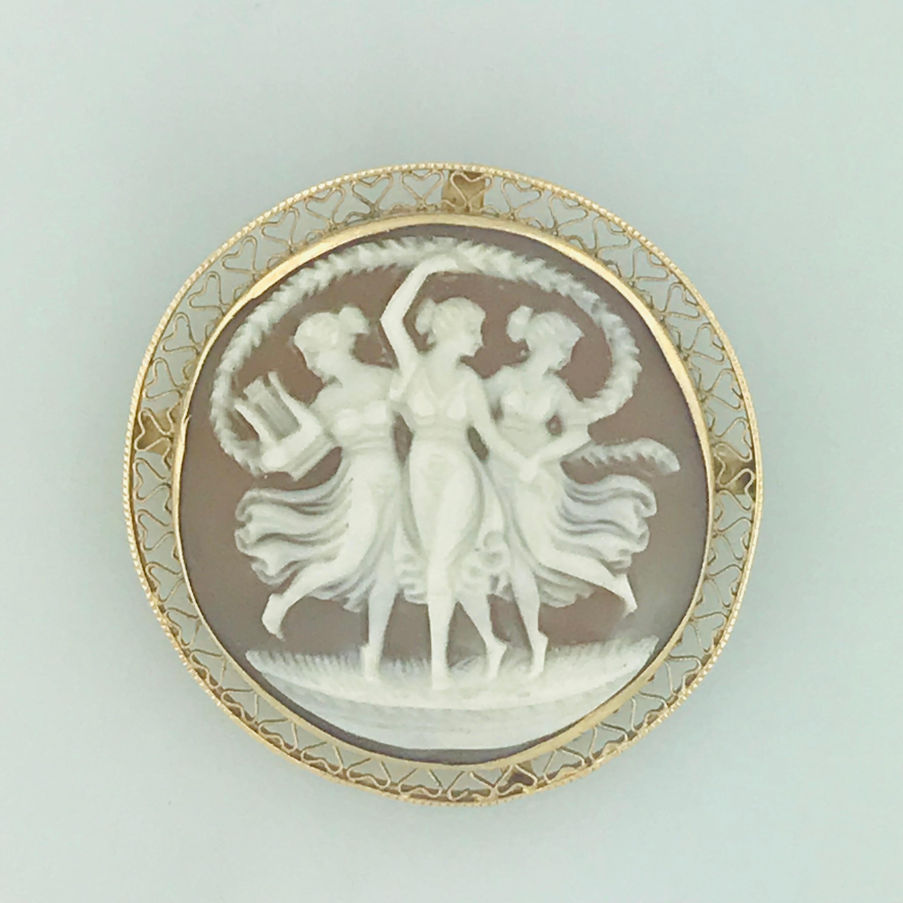 Vintage Cameo Brooch/Pin of Three Graces in 14 Karat Yellow Gold Filigree Frame 1