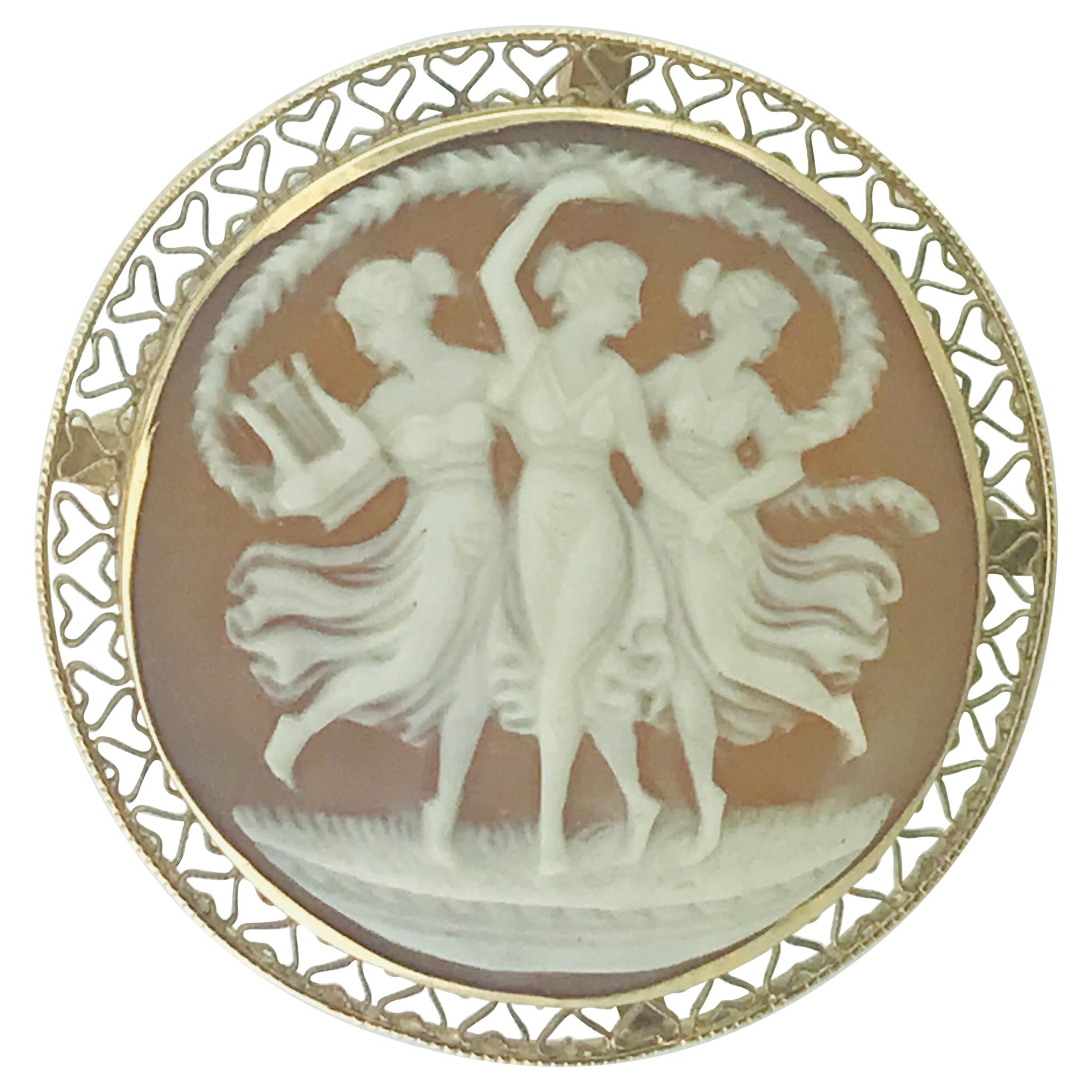 Vintage Cameo Brooch/Pin of Three Graces in 14 Karat Yellow Gold Filigree Frame