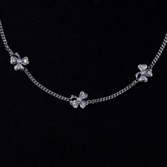 Vintage Three-Leaf Clover Diamond Flower Floral Necklace 18K White Gold 1990s