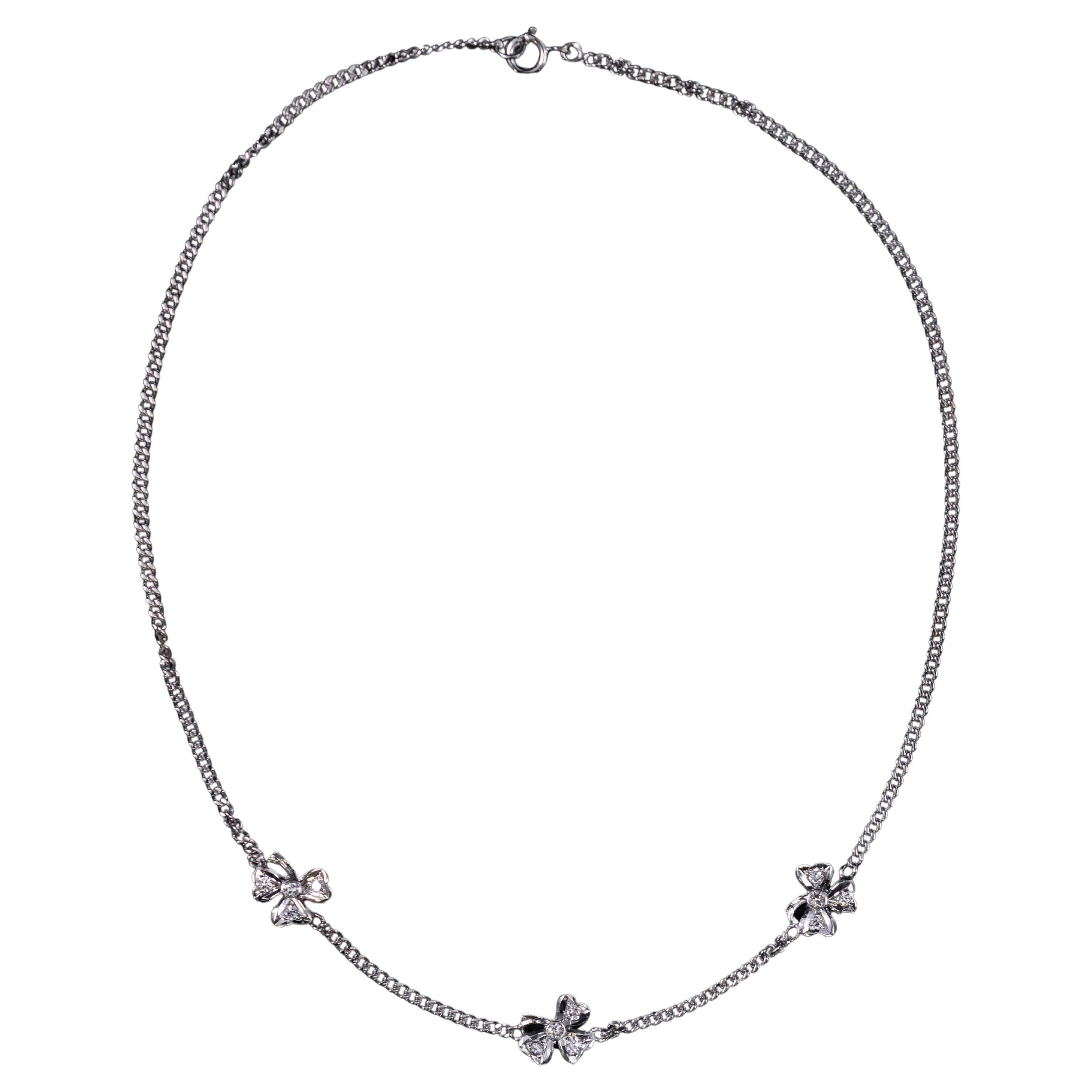 Vintage Three-Leaf Clover Diamond Flower Floral Necklace 18K White Gold 1990s