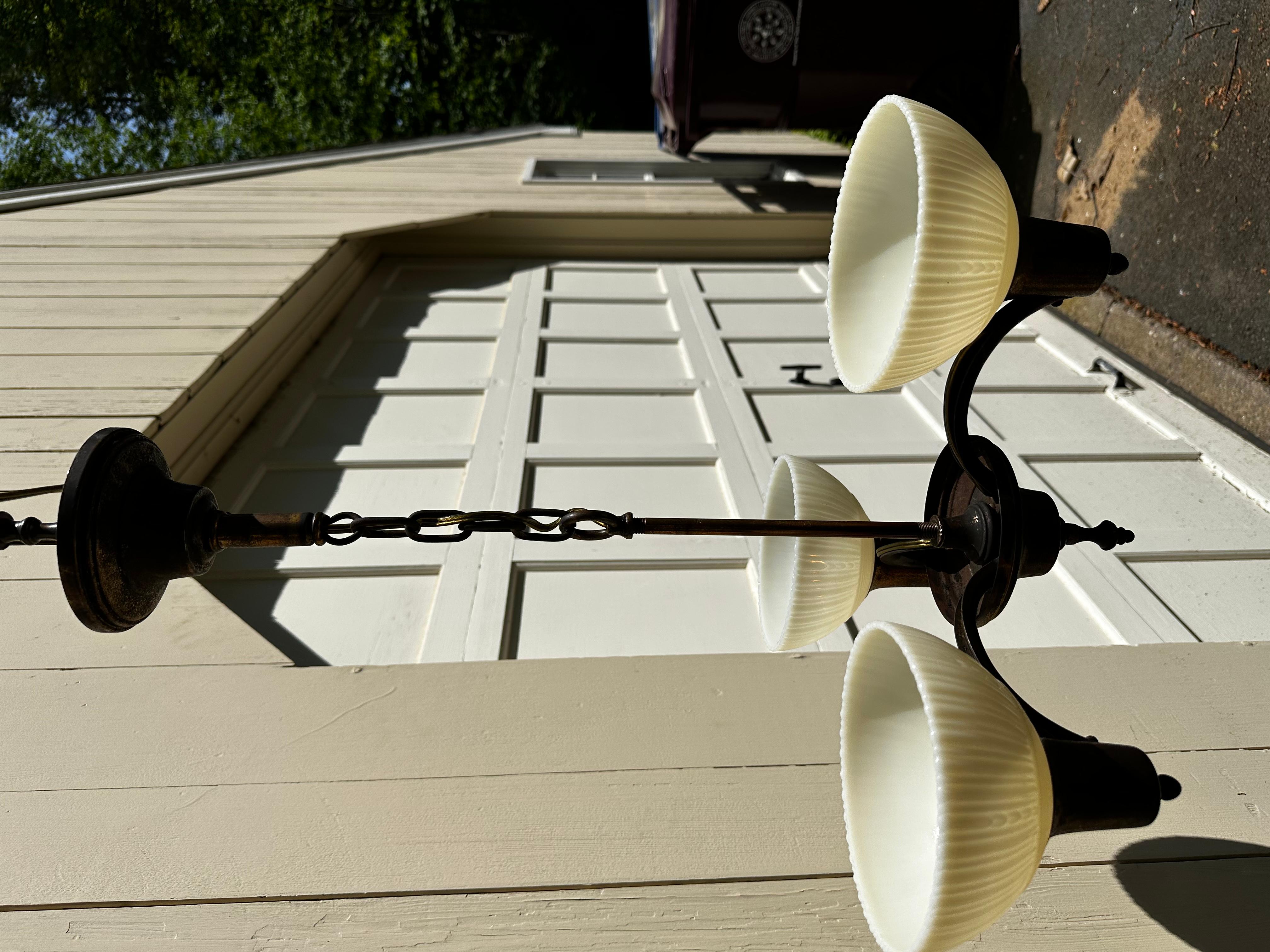 Vintage Three Light Deco Fixture with Custard Glass Shades For Sale 4