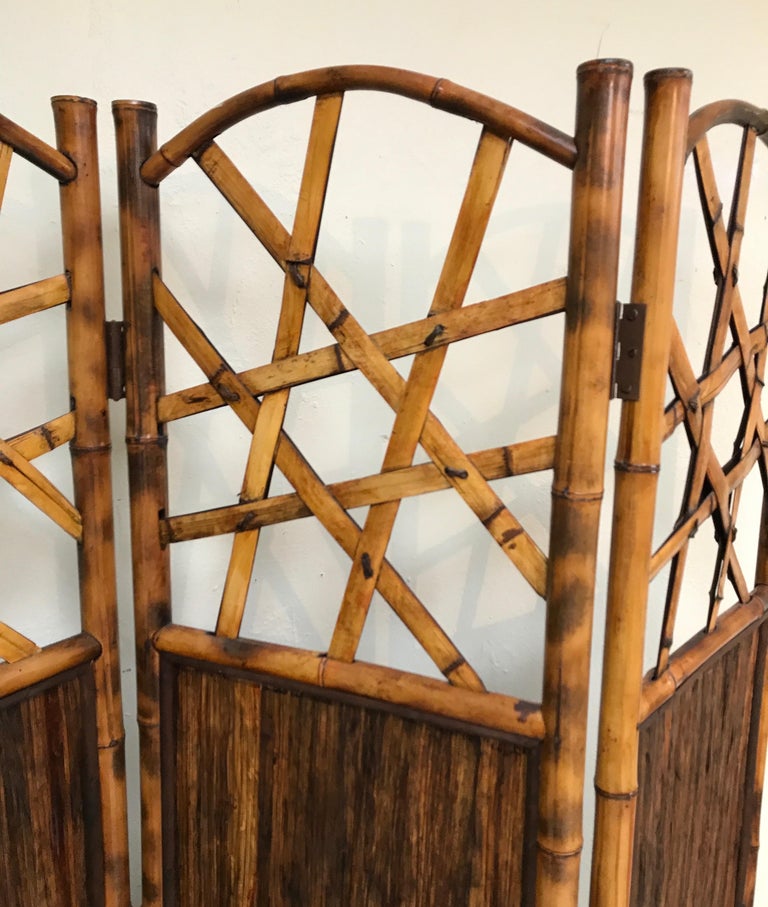 Vintage Three-Panel Bamboo Screen In Good Condition For Sale In West Palm Beach, FL