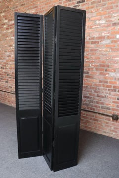 Vintage Three Panel Ebonized Shutter Form Mirrored Room Divider or Screen