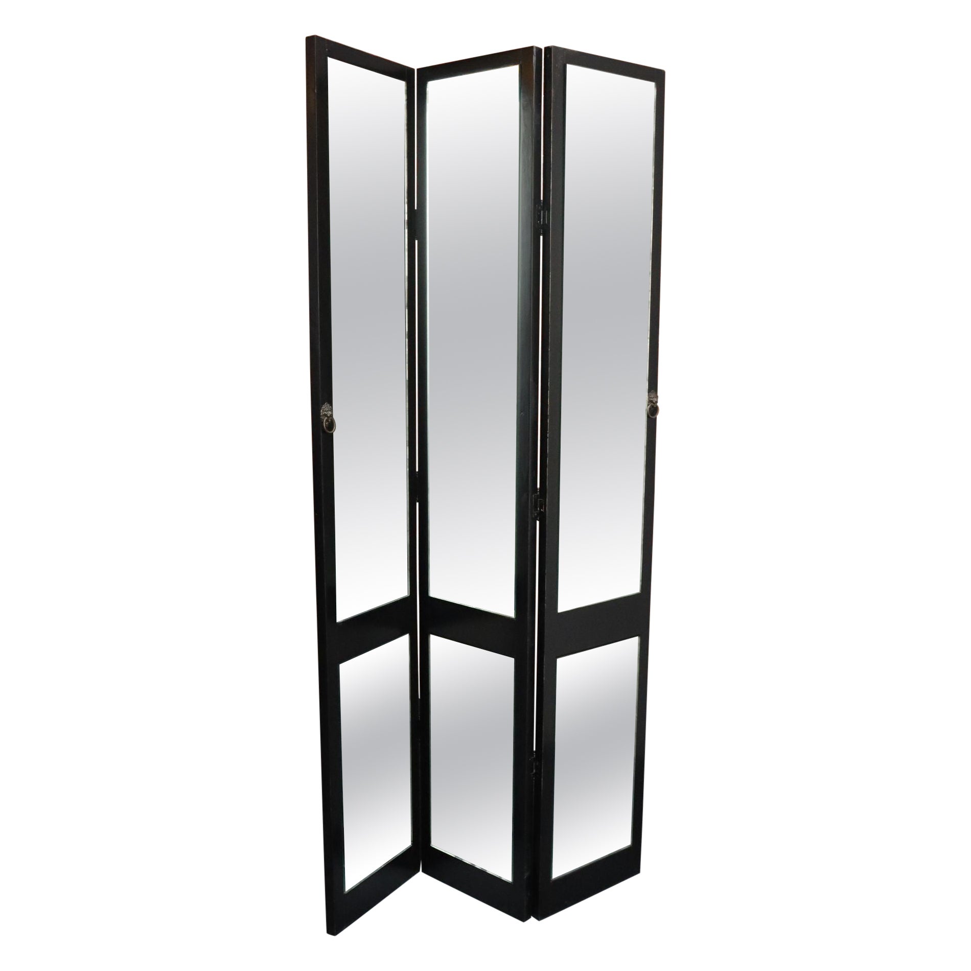 Vintage Three Panel Ebonized Shutter Form Mirrored Room Divider or Screen