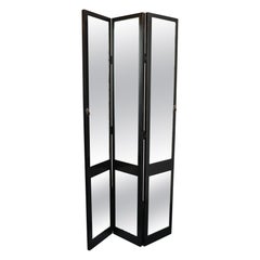 Vintage Three Panel Ebonized Shutter Form Mirrored Room Divider or Screen