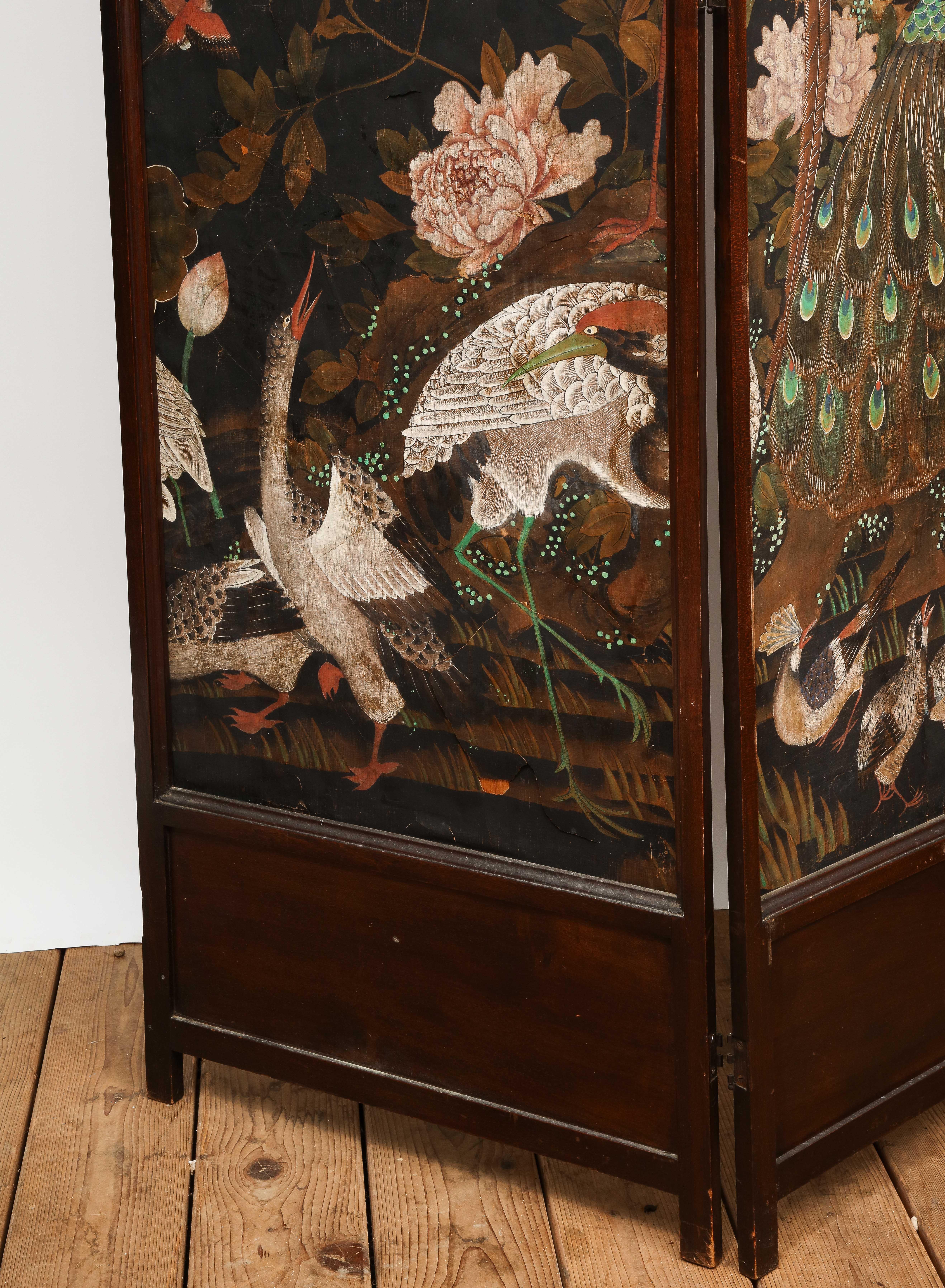 Vintage Three-Panel Folding Screen Featuring DeGournay Birds Wallpaper For Sale 5