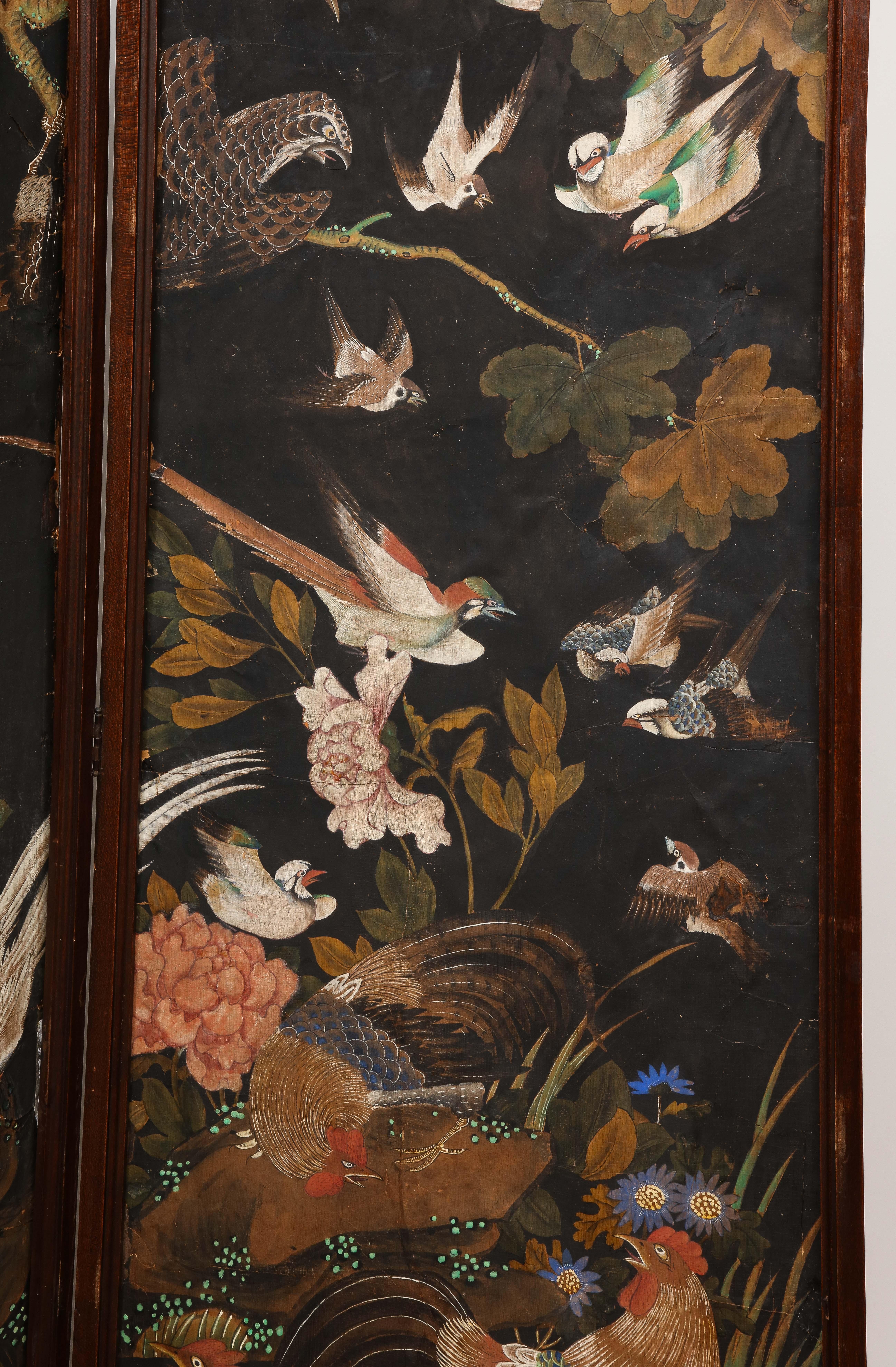 Wood Vintage Three-Panel Folding Screen Featuring DeGournay Birds Wallpaper For Sale
