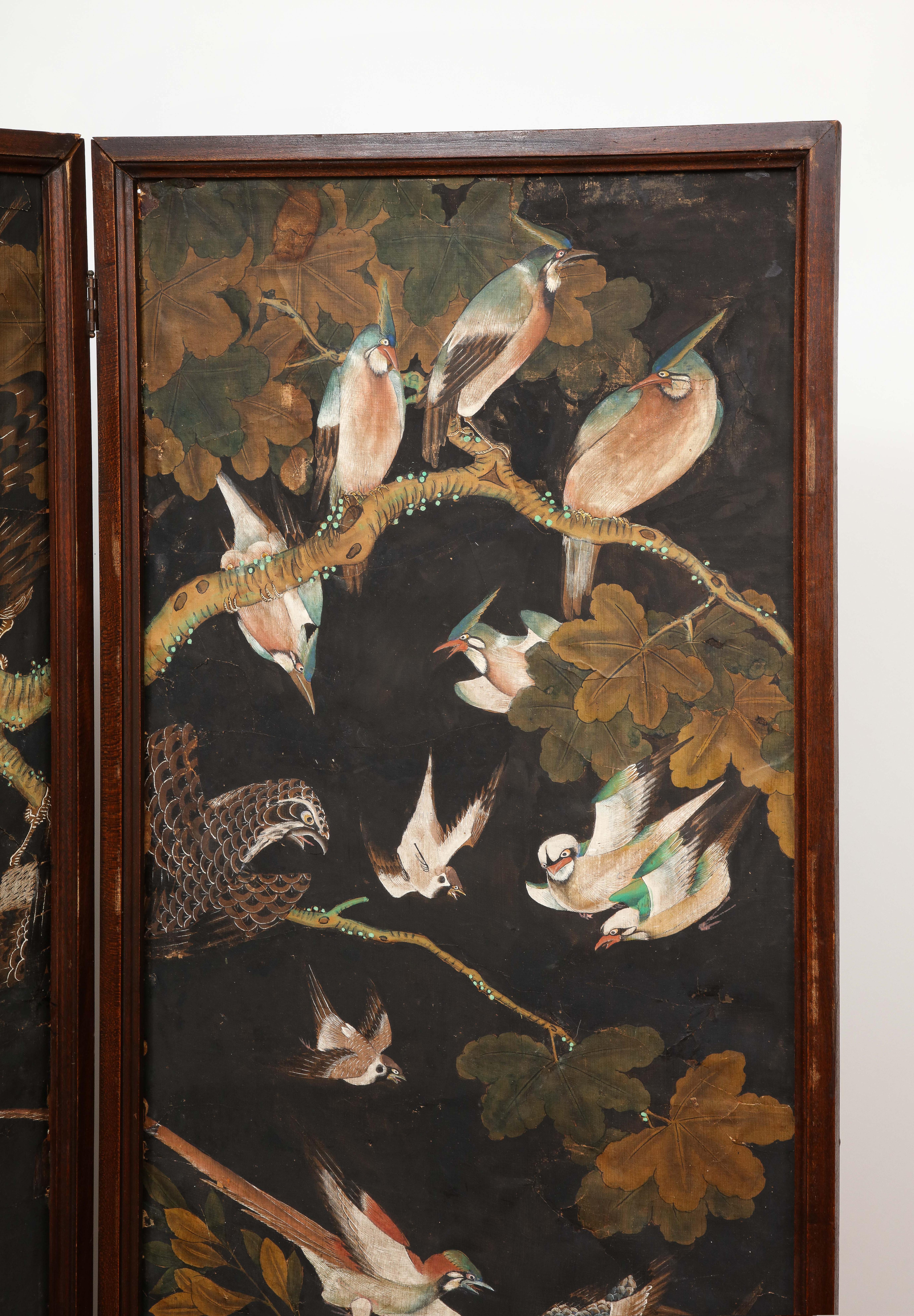 Vintage Three-Panel Folding Screen Featuring DeGournay Birds Wallpaper For Sale 1