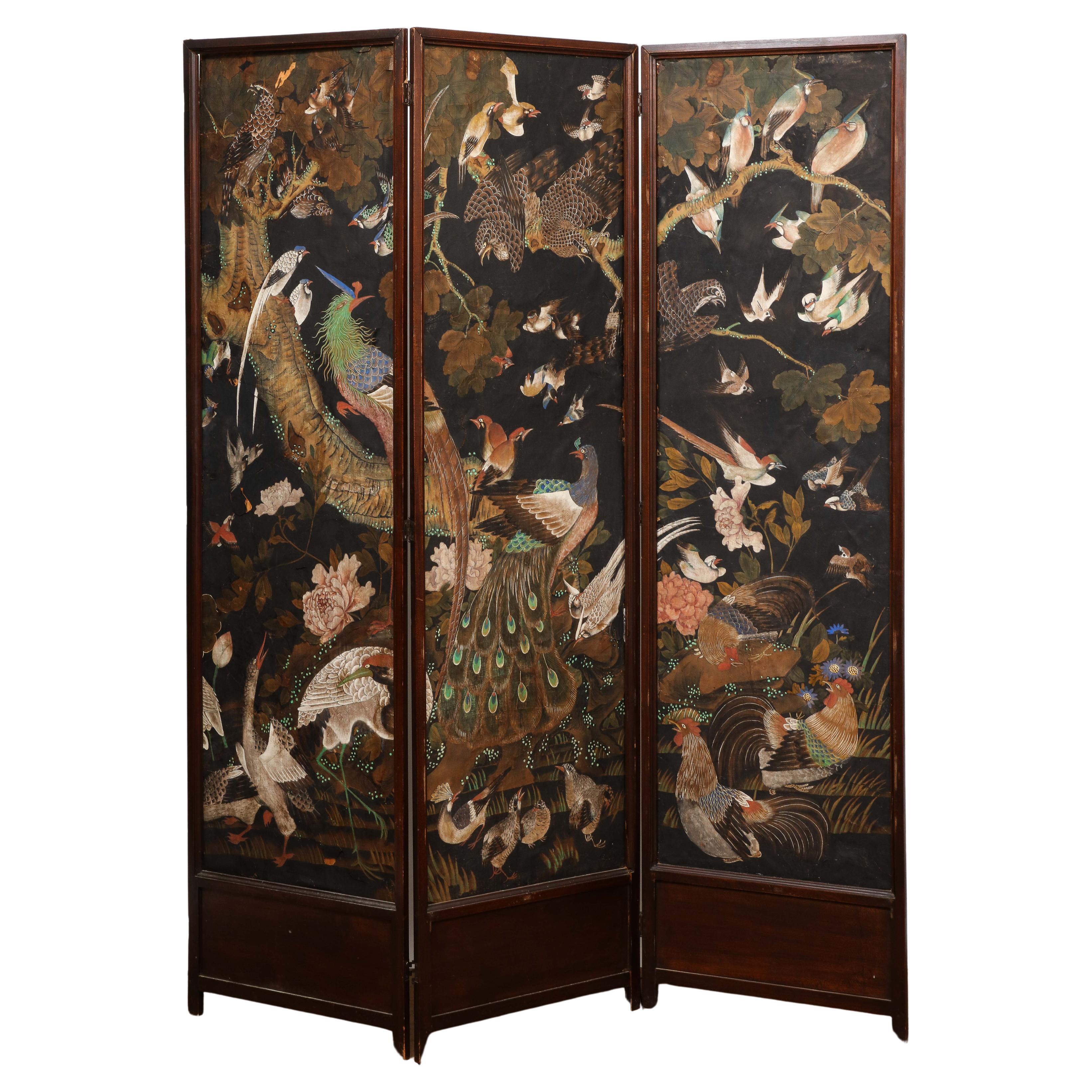 Vintage Three-Panel Folding Screen Featuring DeGournay Birds Wallpaper For Sale