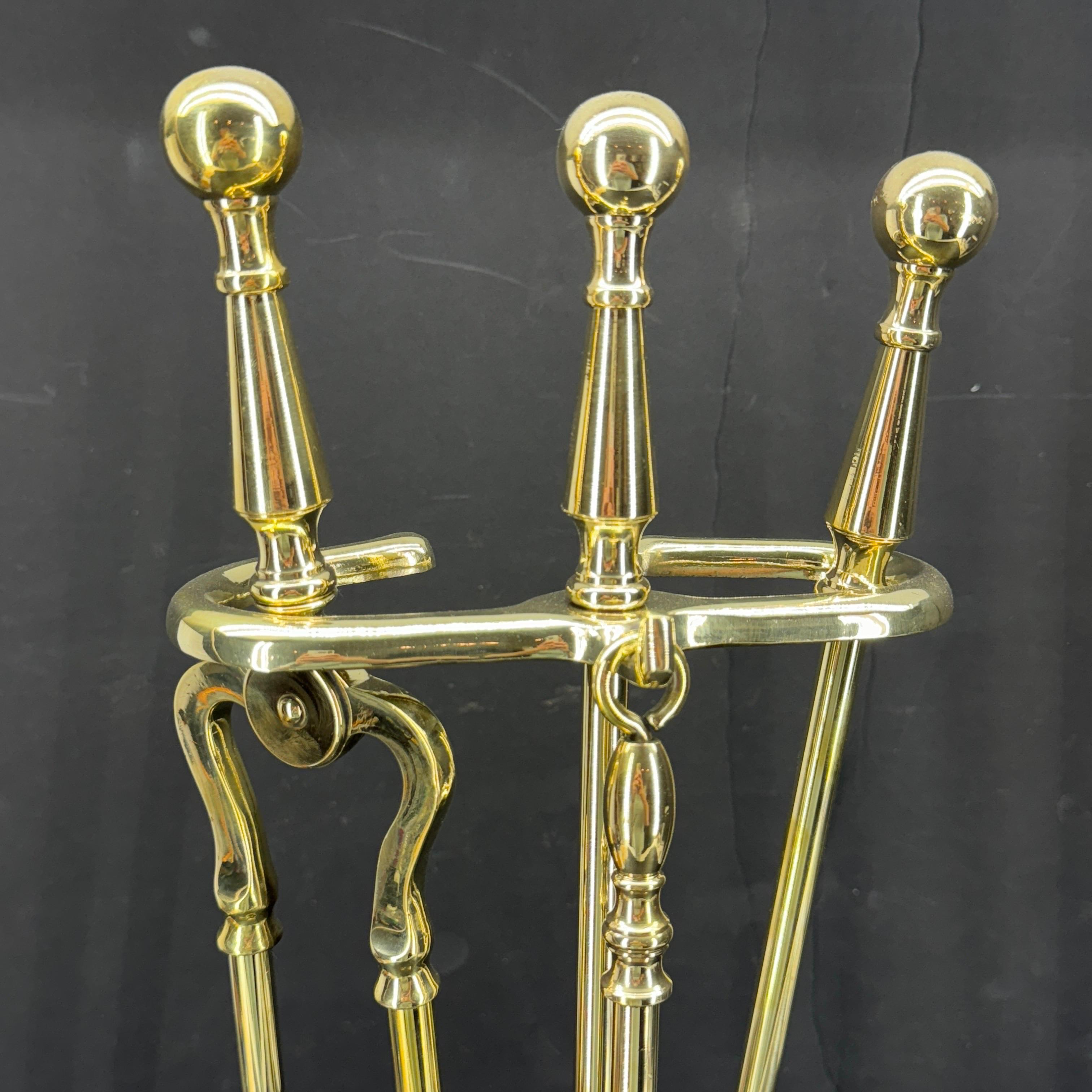 Vintage Three Piece Set of Brass Fireplace Tools In Good Condition In Haddonfield, NJ