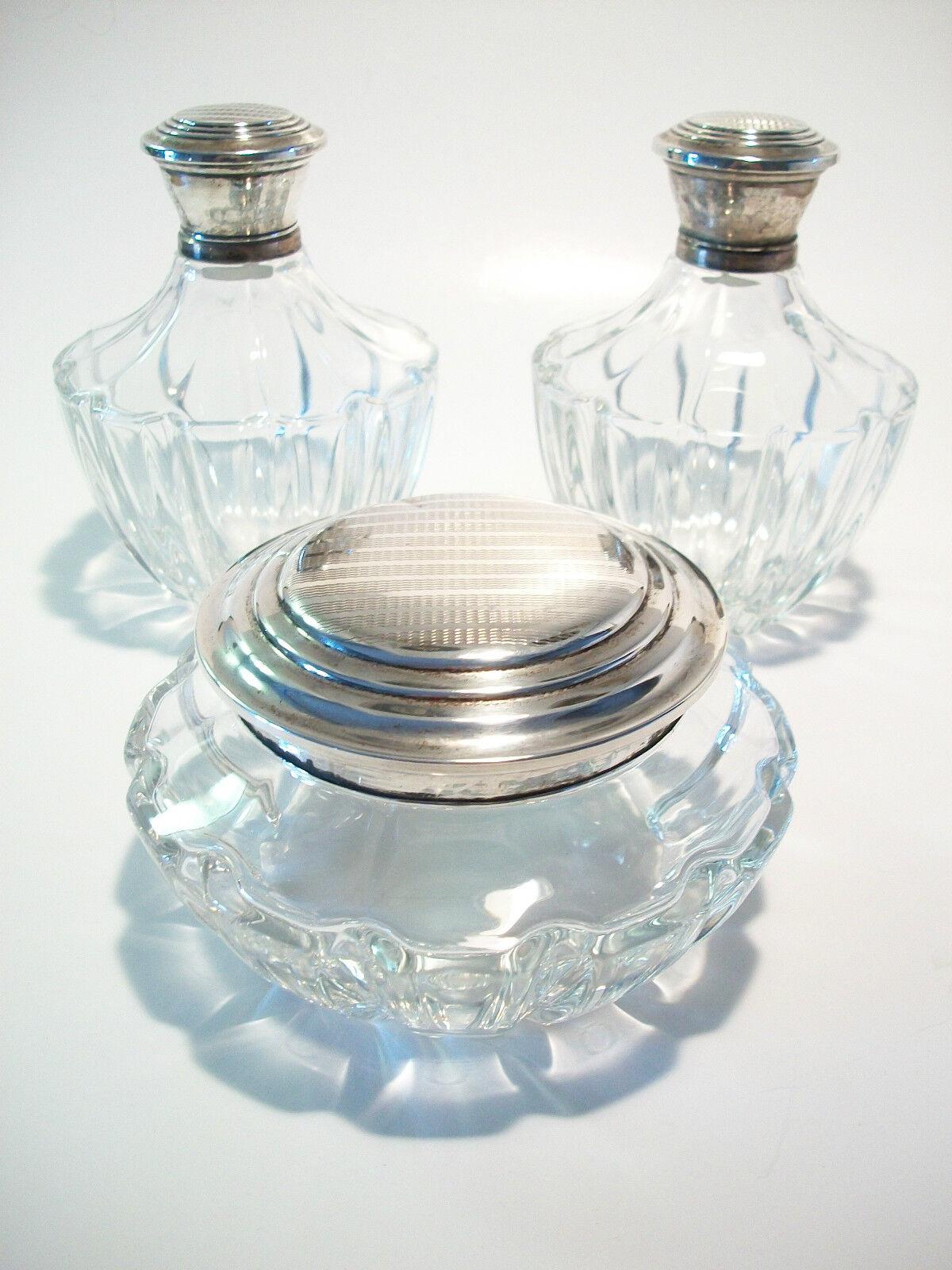 Art Deco Vintage Three Piece Vanity Set - Silver Plate & Crystal - Early 20th Century For Sale