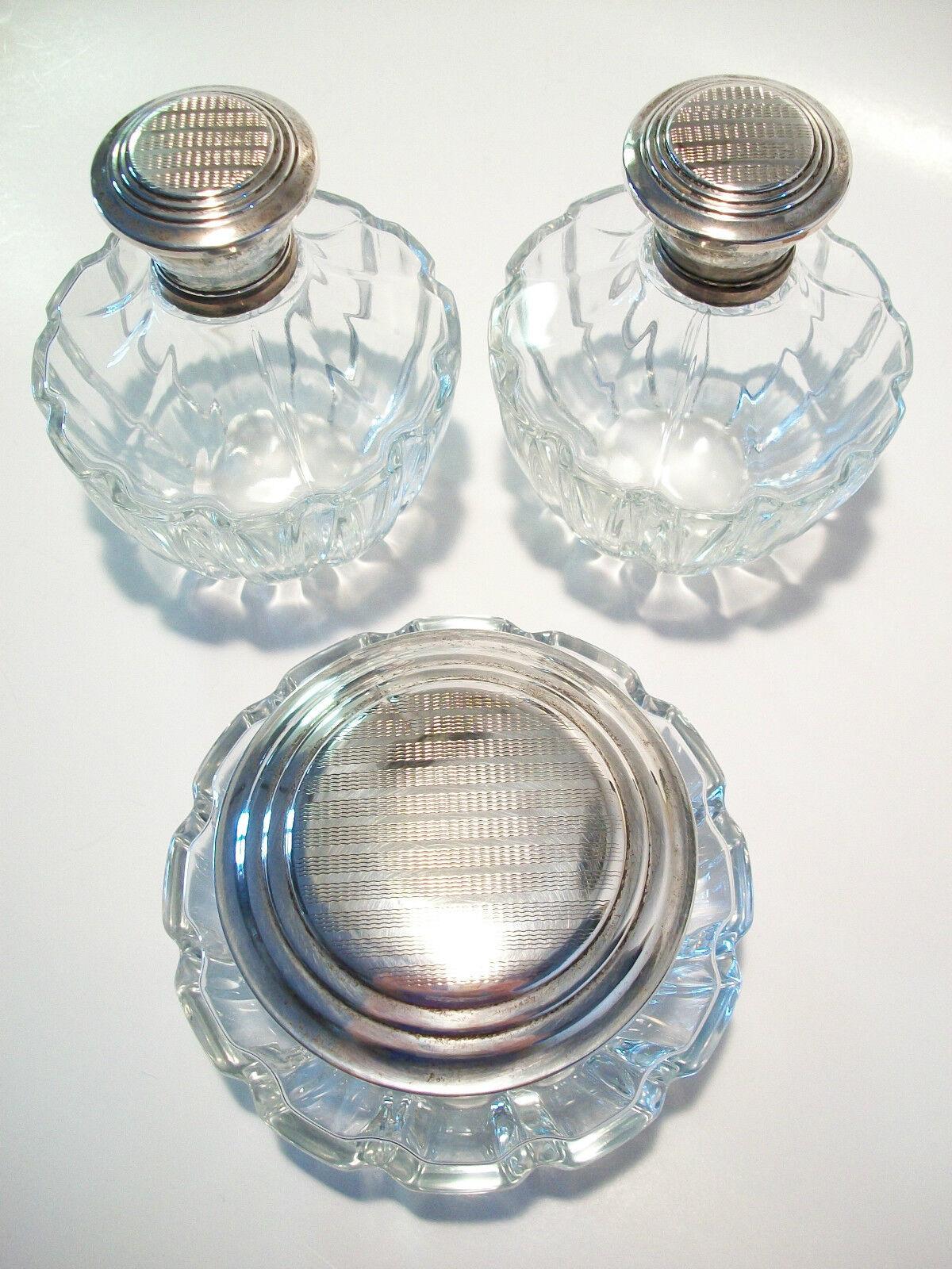 Vintage Three Piece Vanity Set - Silver Plate & Crystal - Early 20th Century For Sale 1