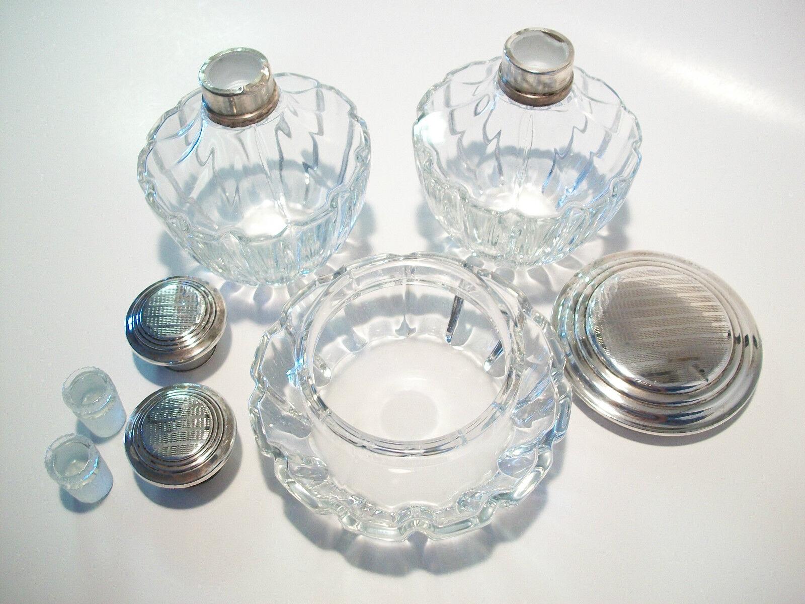 Vintage Three Piece Vanity Set - Silver Plate & Crystal - Early 20th Century For Sale 4