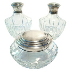 Retro Three Piece Vanity Set - Silver Plate & Crystal - Early 20th Century