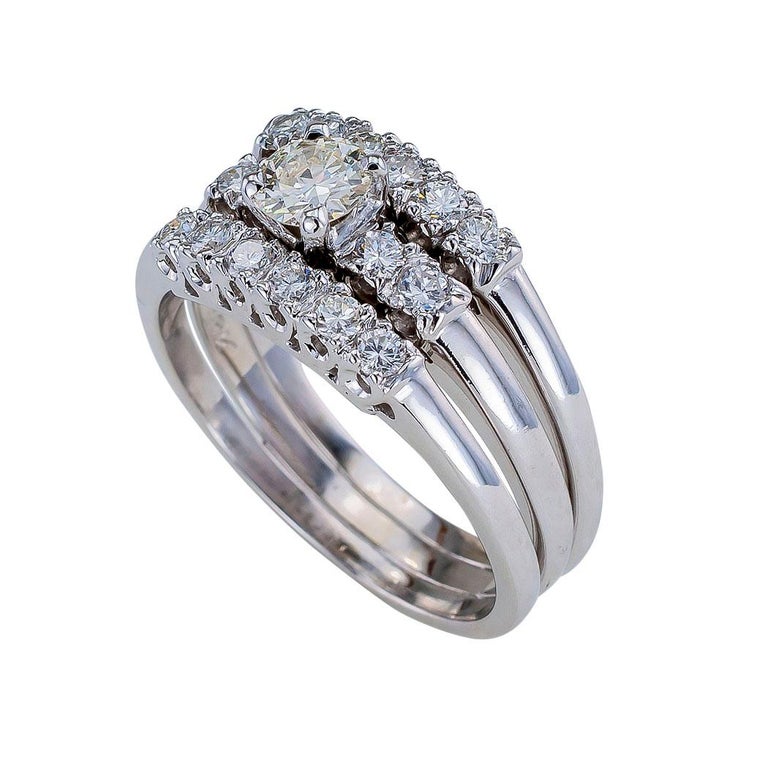 Modern Vintage Three-Ring Diamond White Gold Engagement Ring Set Size 8.75 For Sale