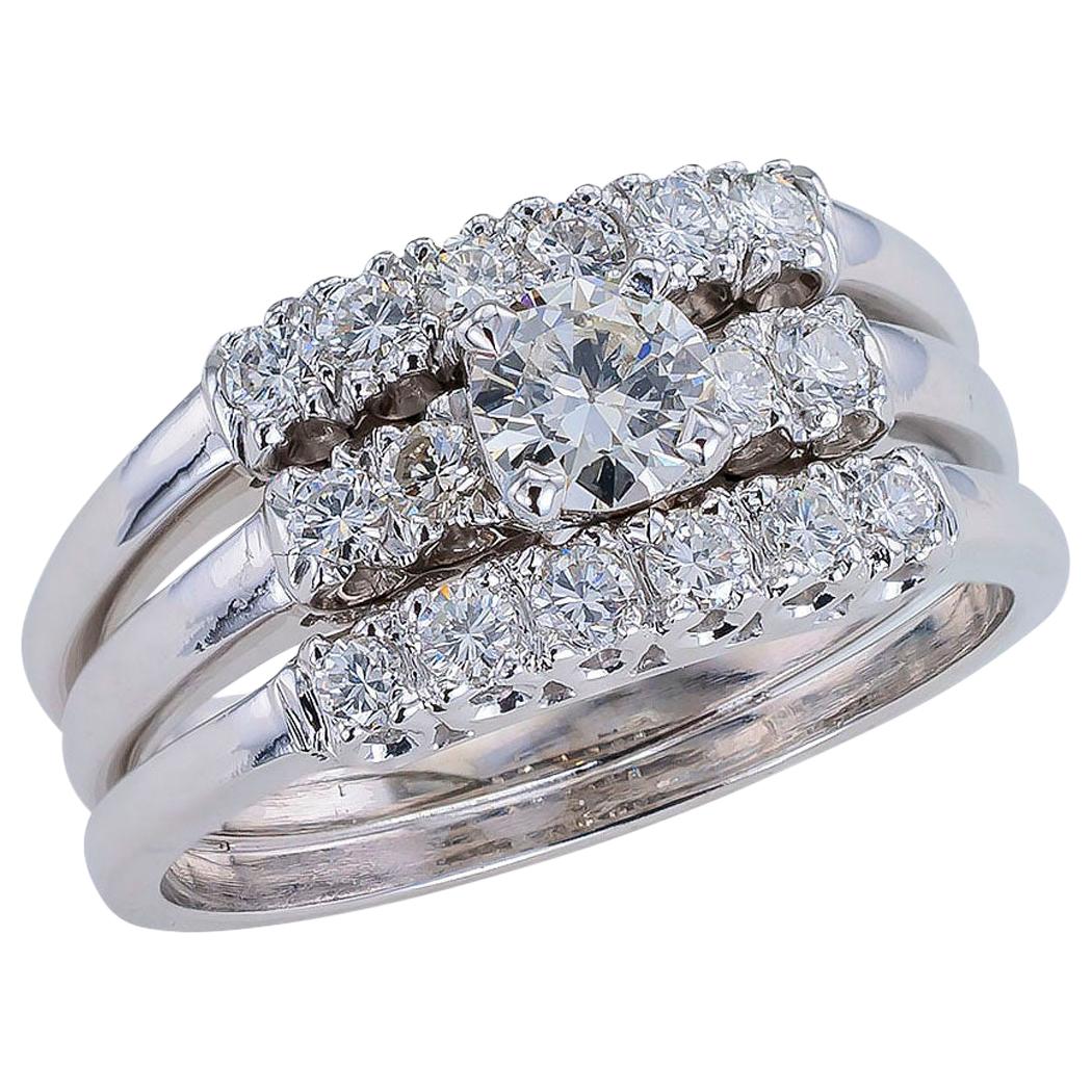 Vintage Three-Ring Diamond White Gold Engagement Ring Set Size 8.75