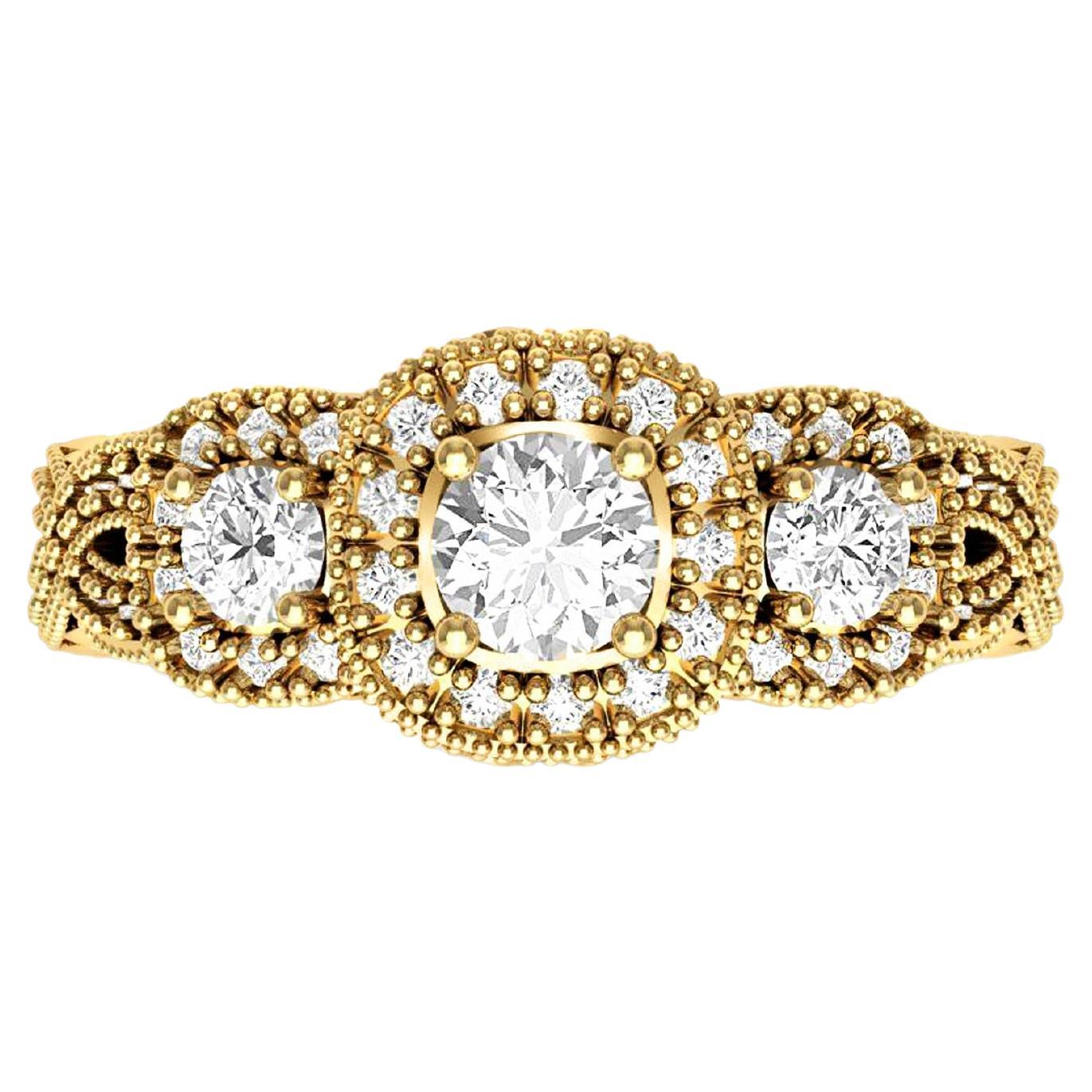 Vintage drei Runde Moissanite Verlobungsring 14k Gold