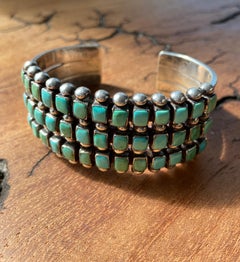 Vintage Three Row Silver Cuff Turquoise Bracelet