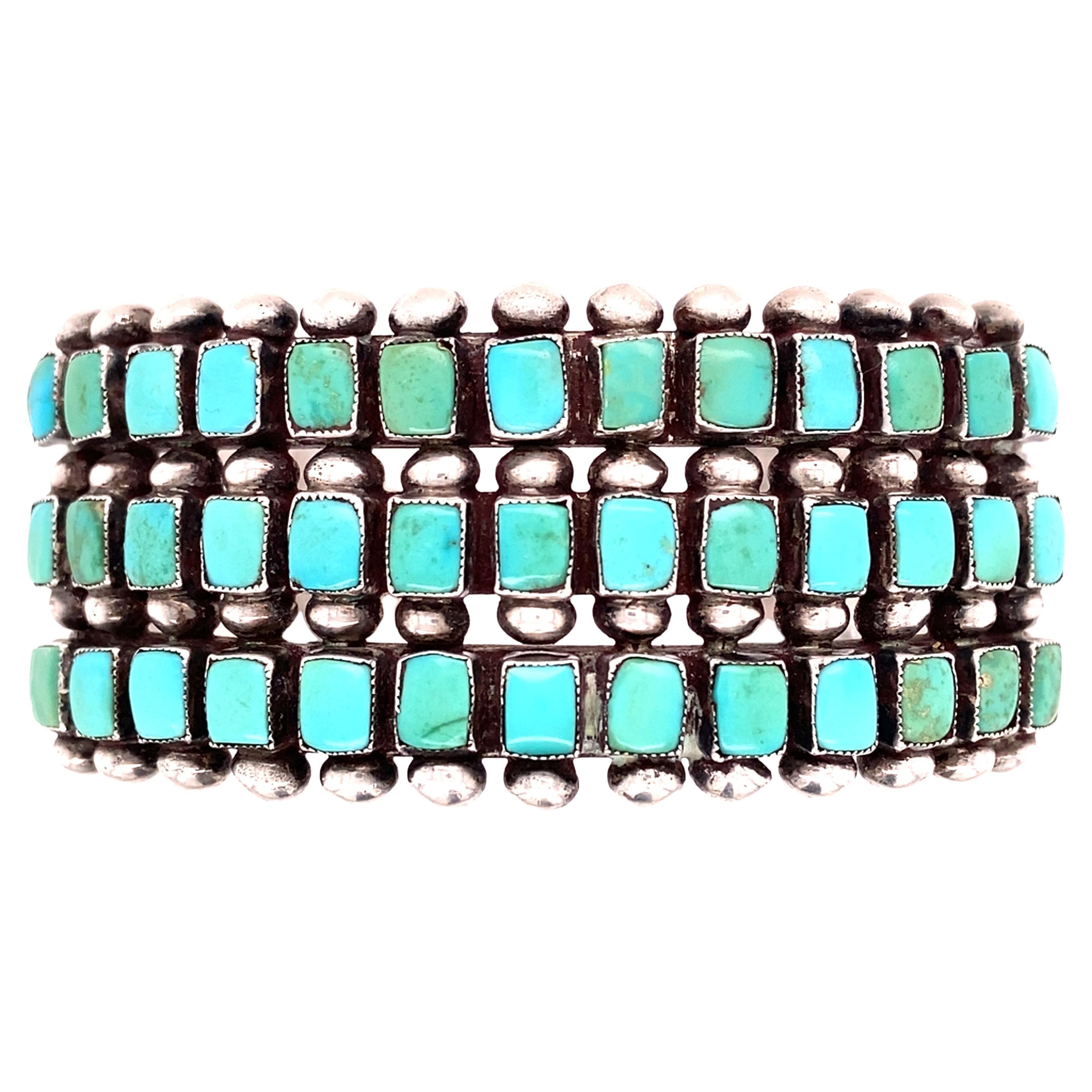 Vintage Three Row Silver Cuff Turquoise Bracelet