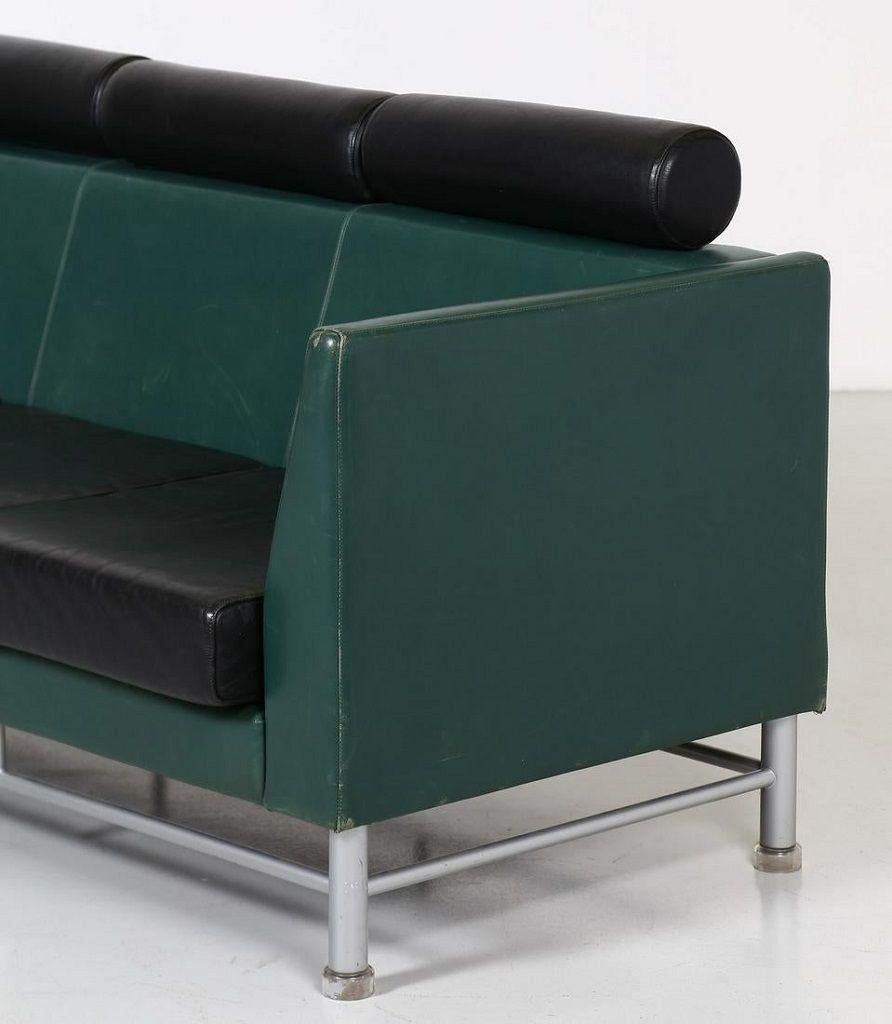 Vintage three seats sofa is an original piece of design furniture designed by Ettore Sottsass for Knoll in the 1980s.

Our specimen is an Eastside model made in metal and skai. 

Dimensions: cm 192 x 85 x 72. 

In very good