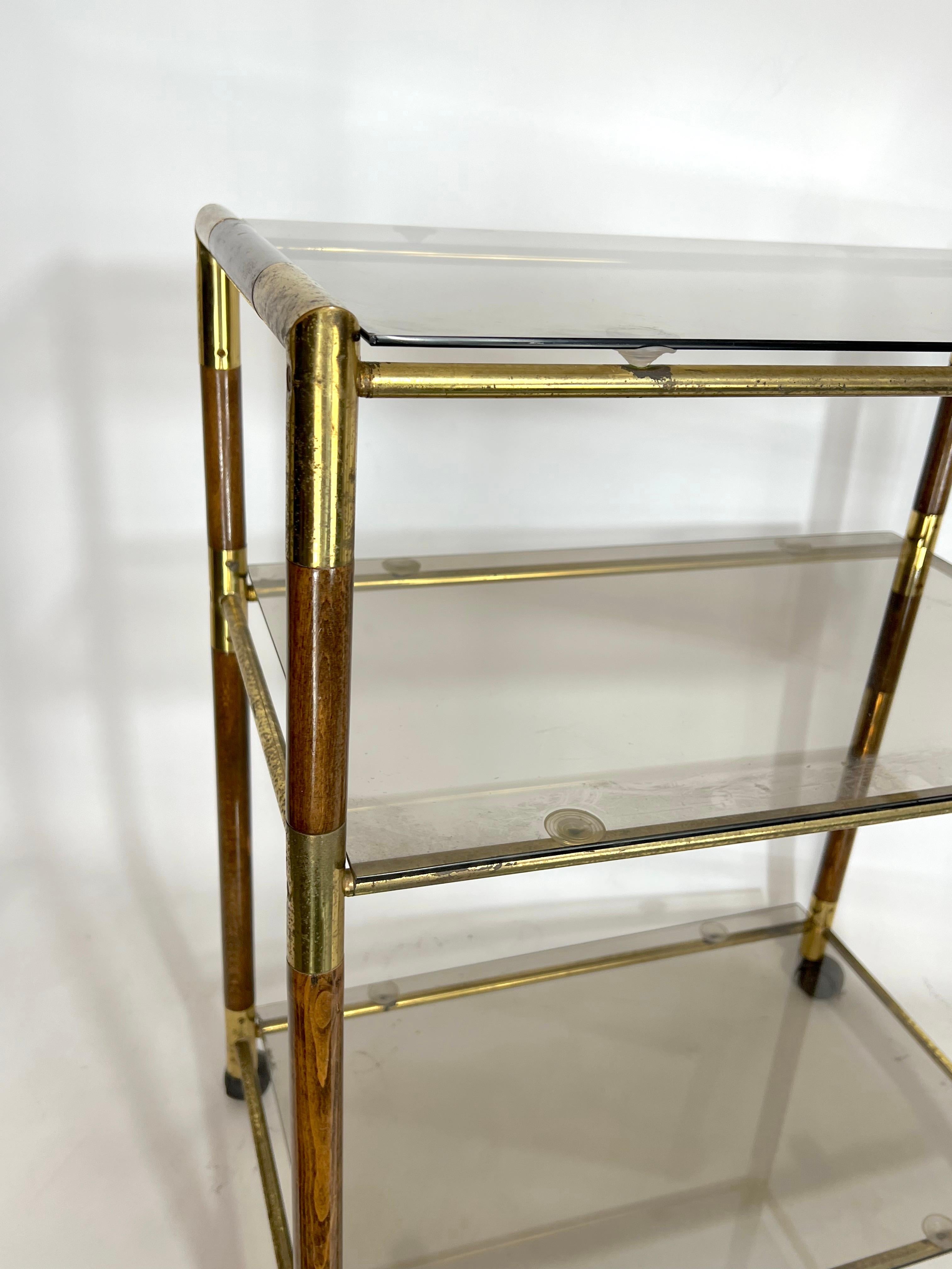 Vintage Three Shelves Brass and Wood Trolley or Bar Cart by Tommaso Barbi, 1970s For Sale 6