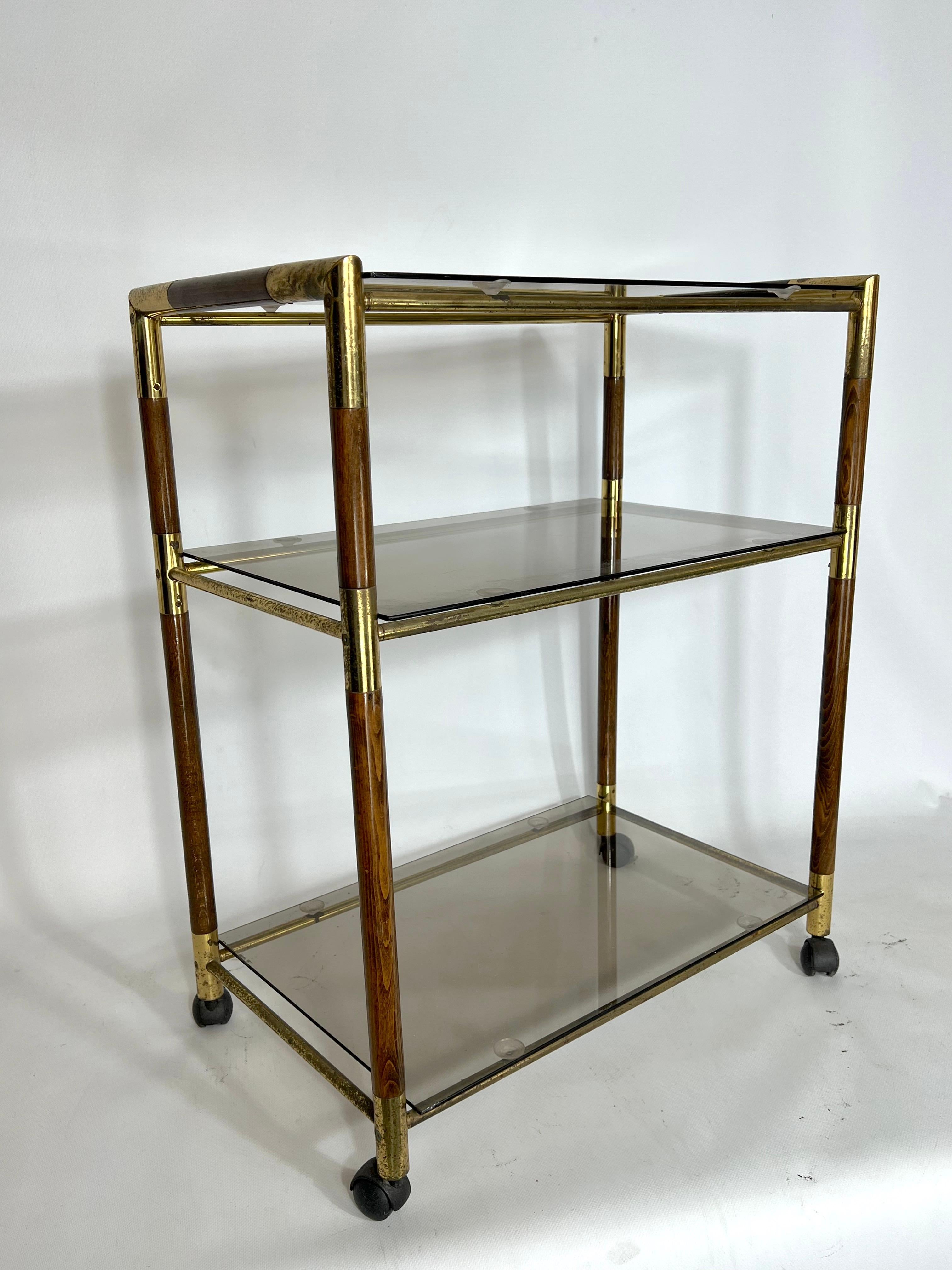 Vintage Three Shelves Brass and Wood Trolley or Bar Cart by Tommaso Barbi, 1970s For Sale 7