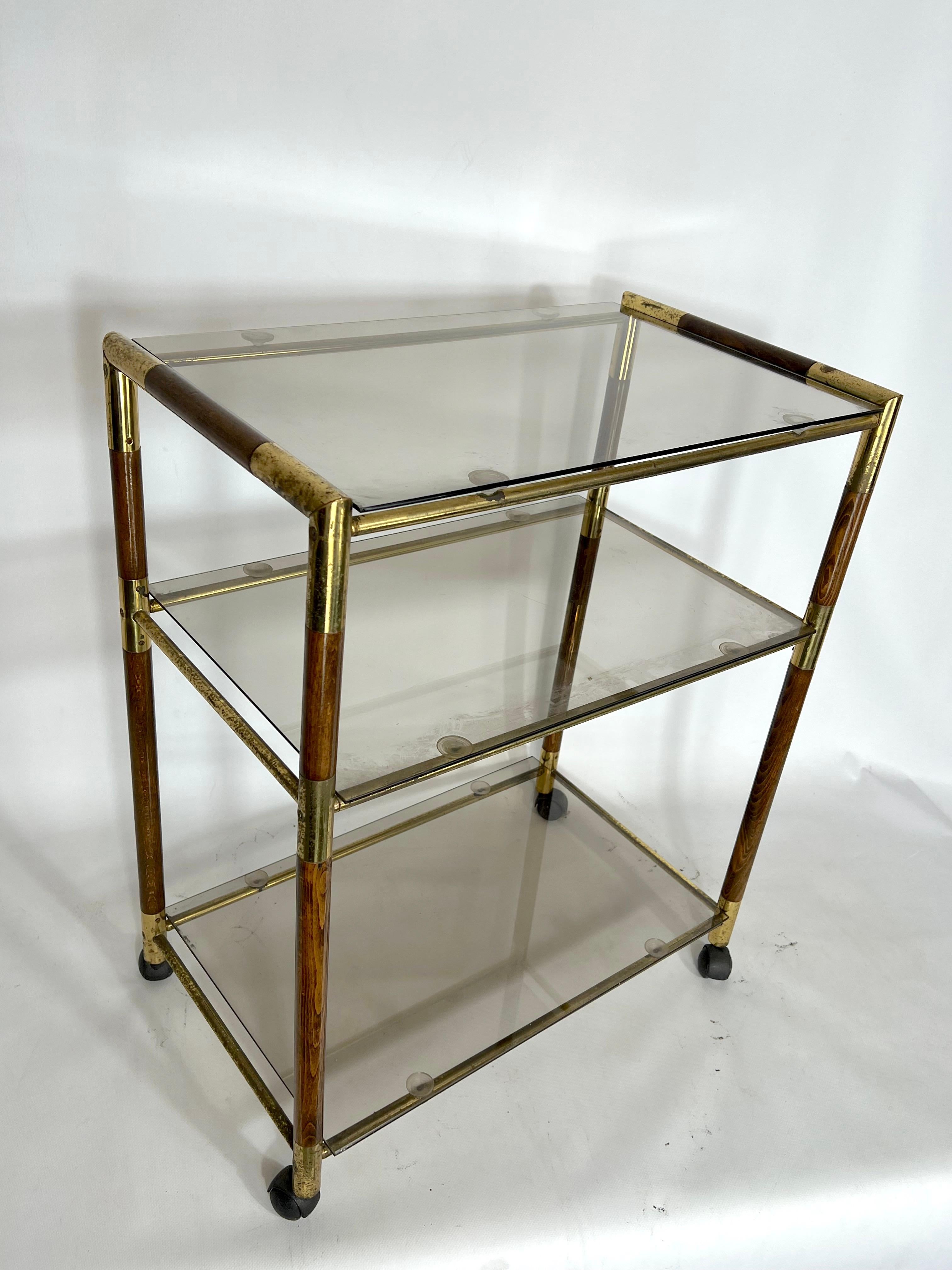 Vintage Three Shelves Brass and Wood Trolley or Bar Cart by Tommaso Barbi, 1970s For Sale 8