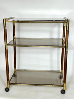 Vintage Three Shelves Brass and Wood Trolley or Bar Cart by Tommaso Barbi, 1970s