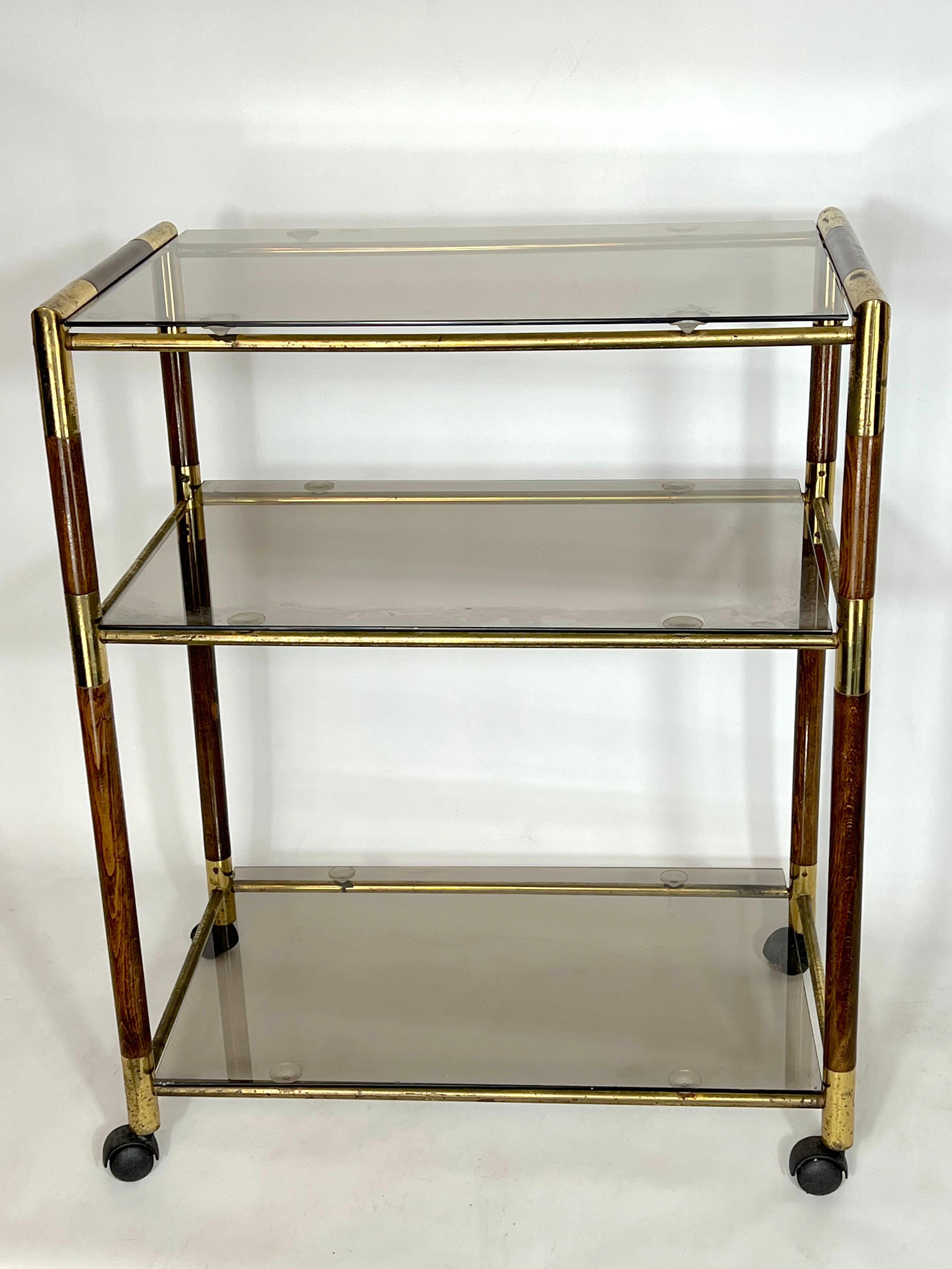 Mid-Century Modern Vintage Three Shelves Brass and Wood Trolley or Bar Cart by Tommaso Barbi, 1970s For Sale