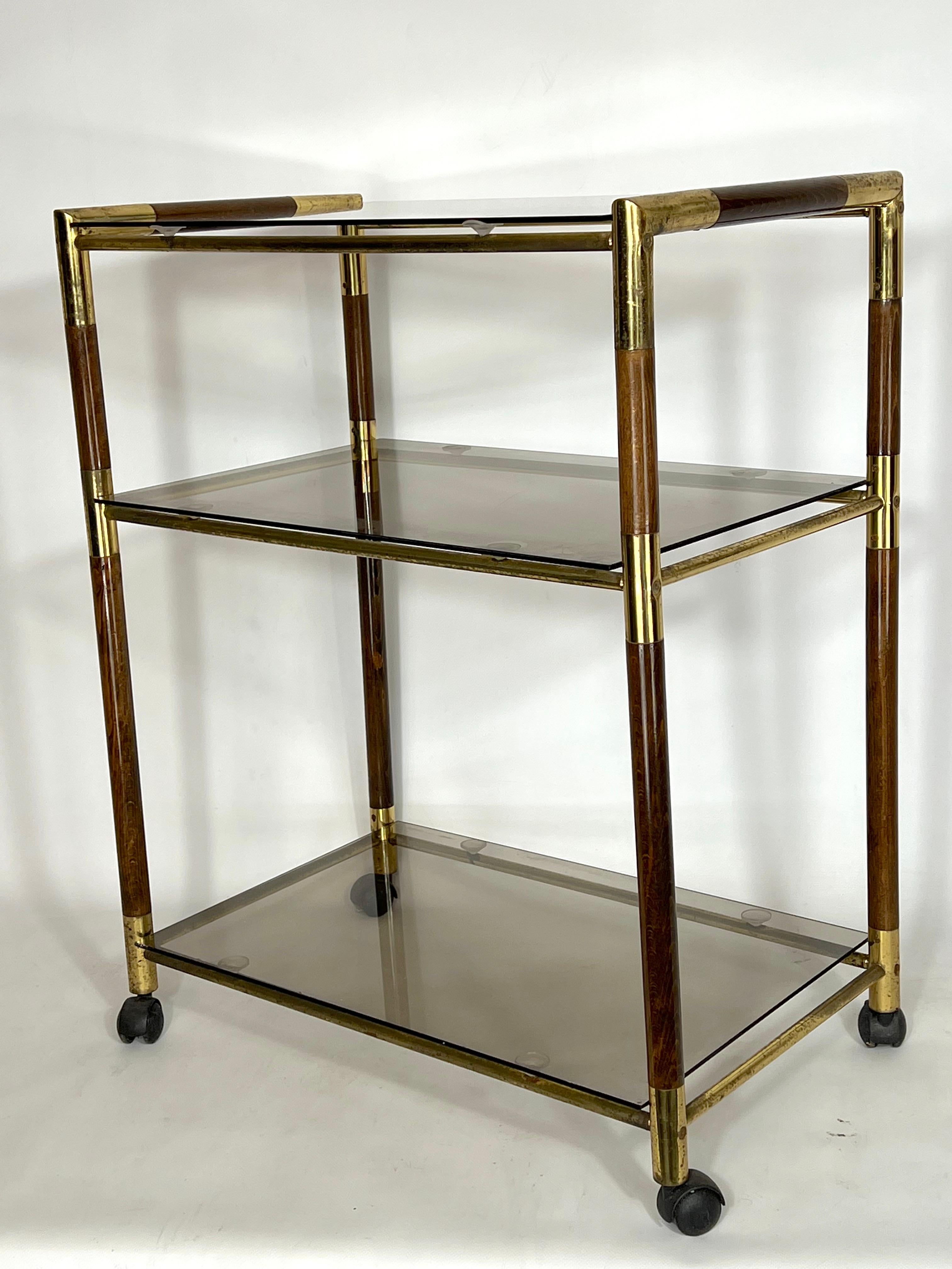 Italian Vintage Three Shelves Brass and Wood Trolley or Bar Cart by Tommaso Barbi, 1970s For Sale