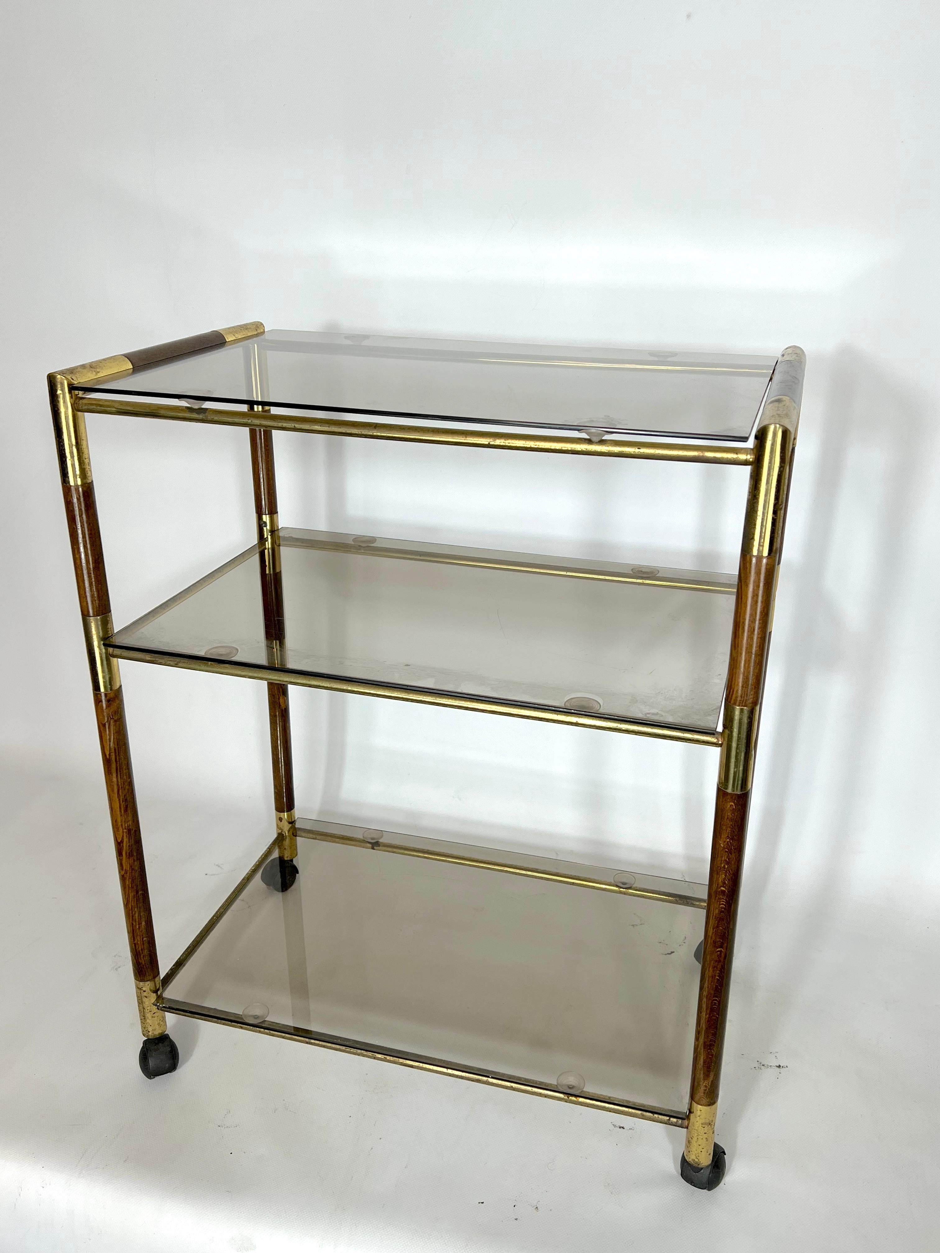 Late 20th Century Vintage Three Shelves Brass and Wood Trolley or Bar Cart by Tommaso Barbi, 1970s For Sale