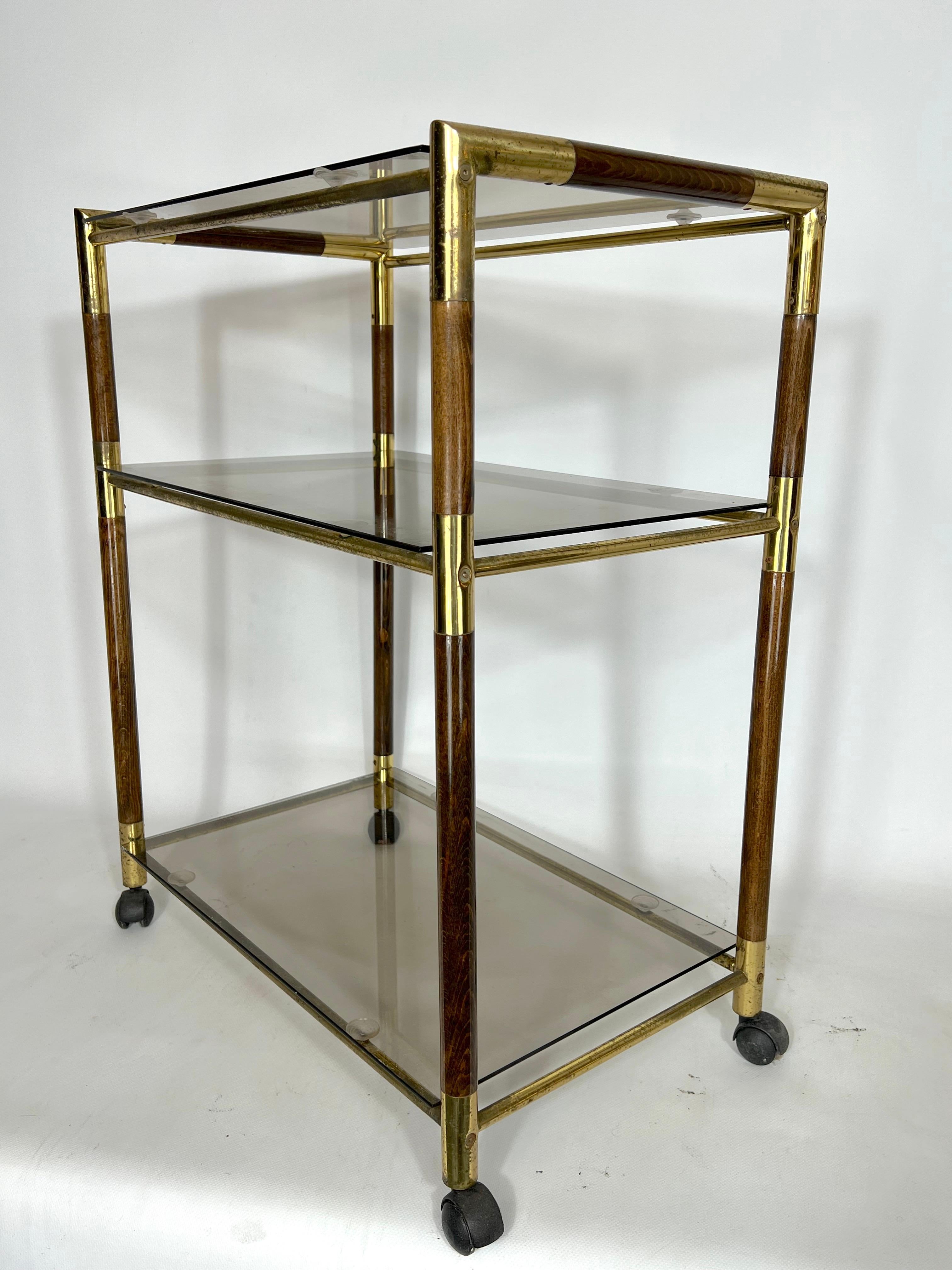 Vintage Three Shelves Brass and Wood Trolley or Bar Cart by Tommaso Barbi, 1970s For Sale 1