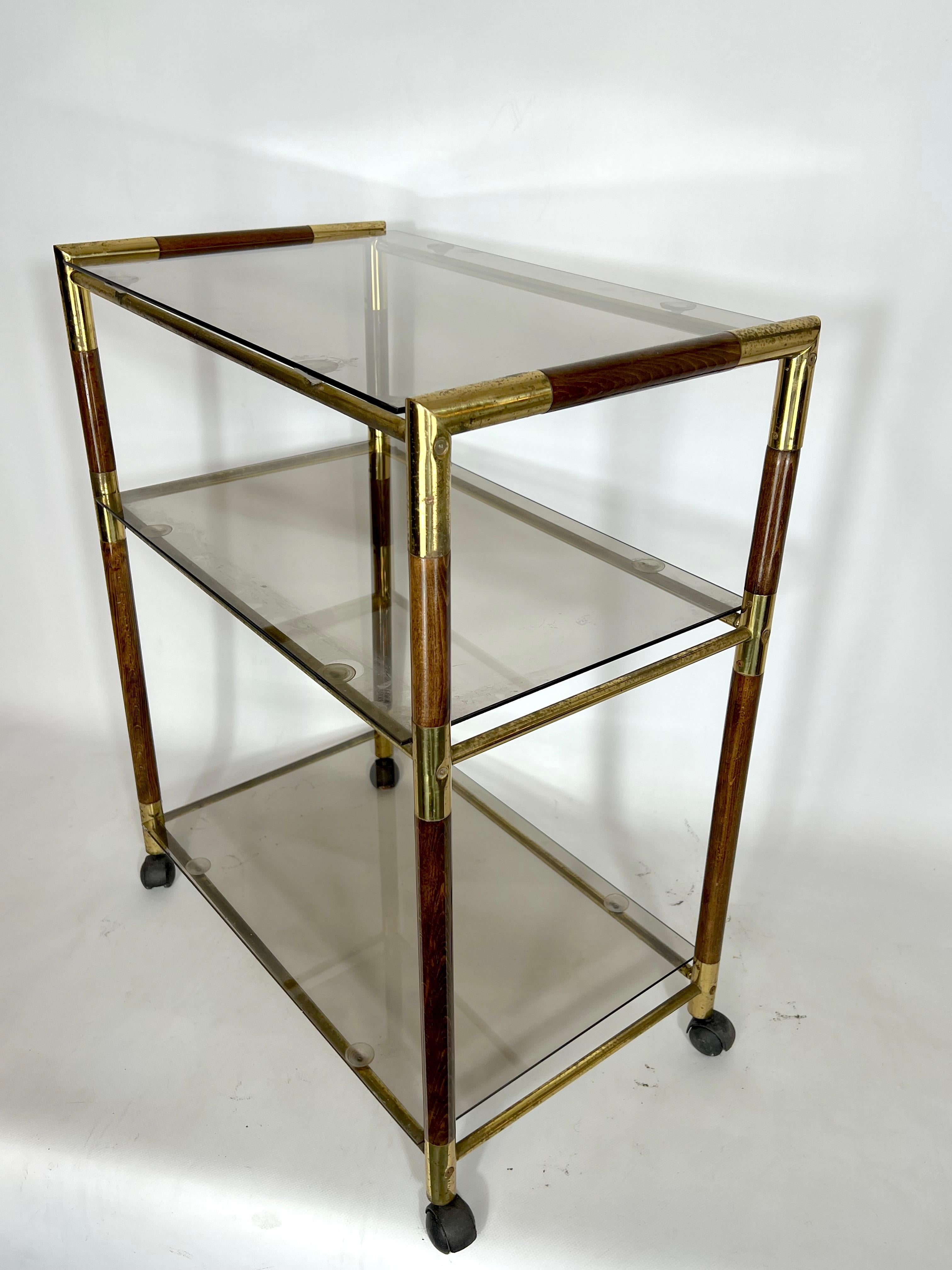 Vintage Three Shelves Brass and Wood Trolley or Bar Cart by Tommaso Barbi, 1970s For Sale 2