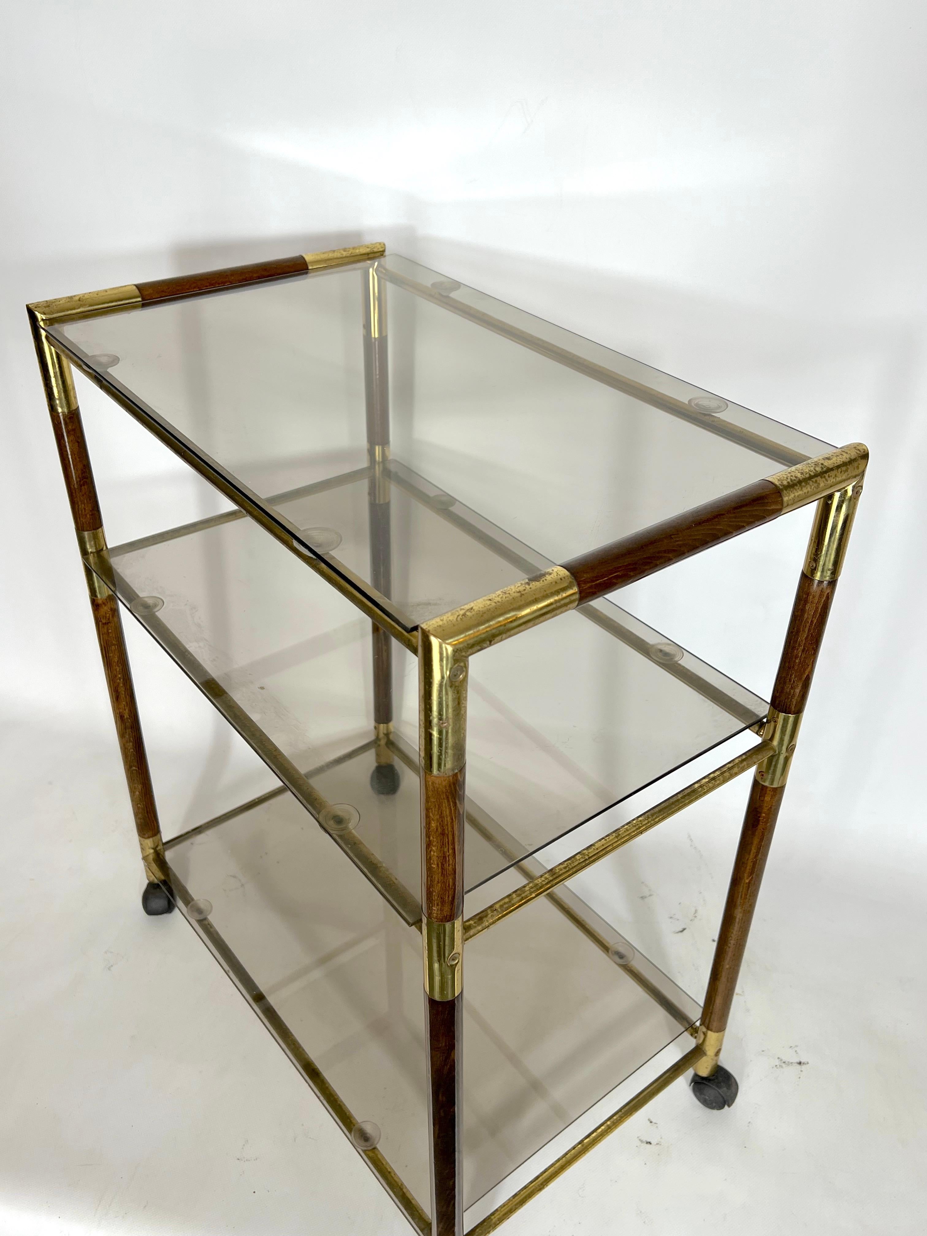 Vintage Three Shelves Brass and Wood Trolley or Bar Cart by Tommaso Barbi, 1970s For Sale 3