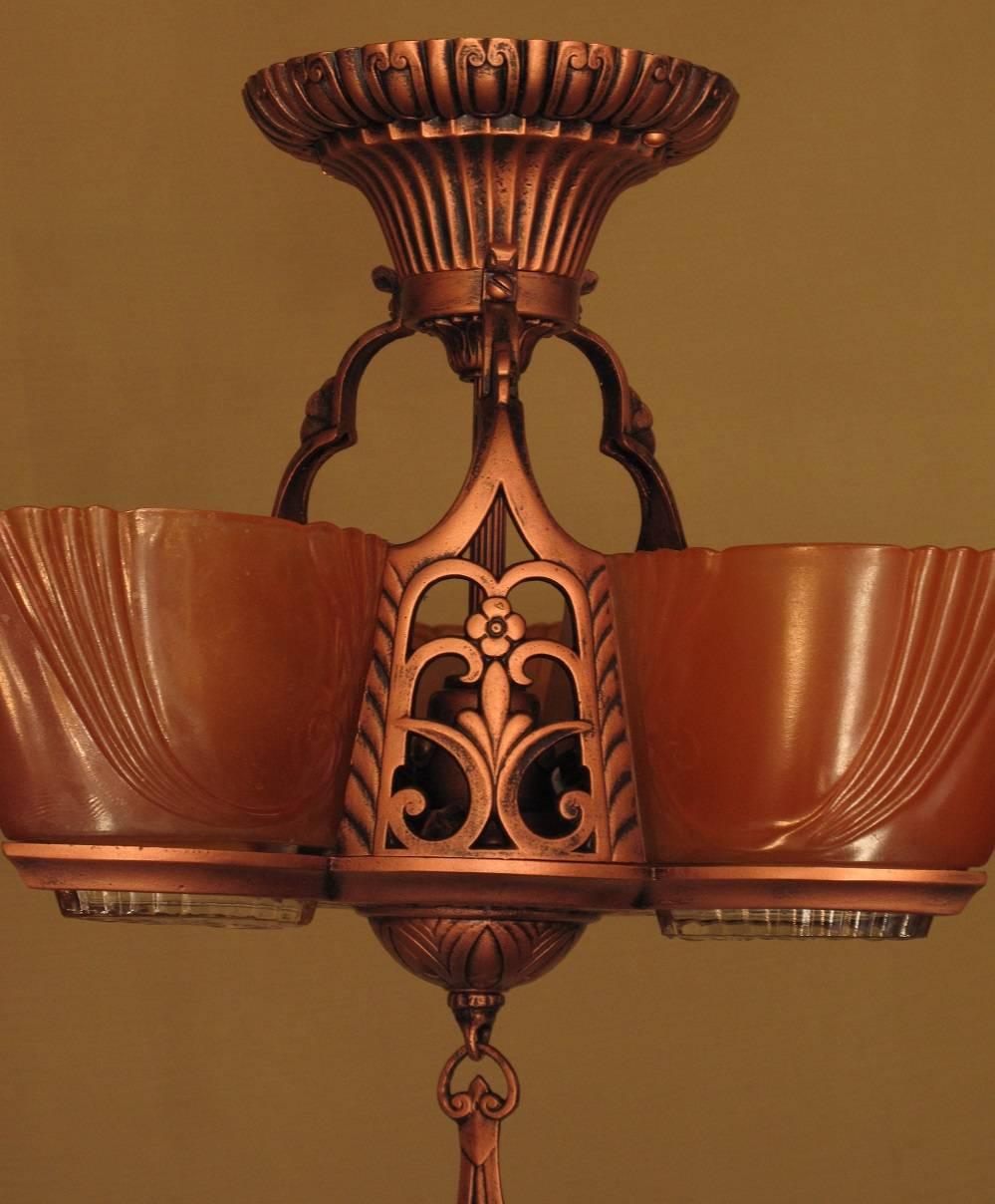 American Vintage Three Slip Shade Semi-Flush Mount, 1930s For Sale
