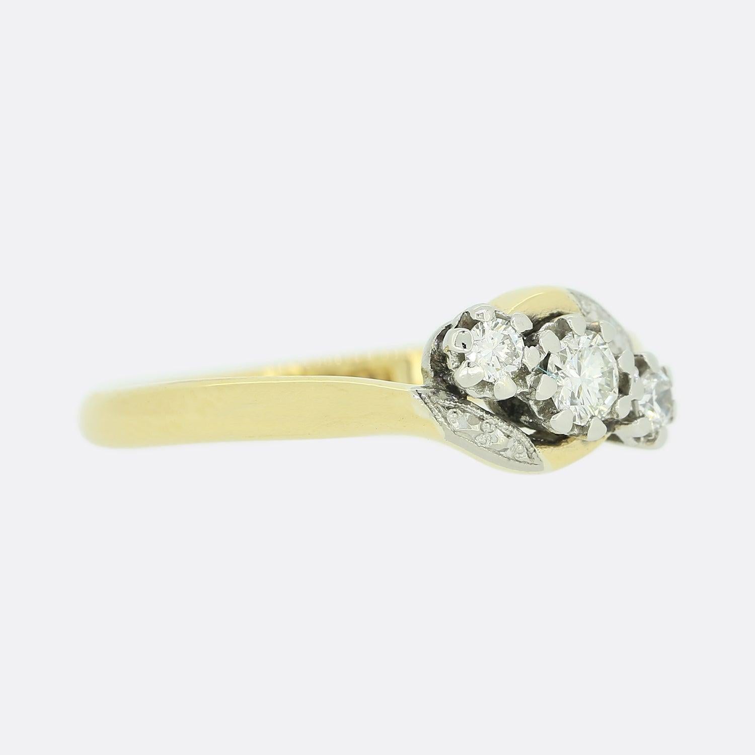 Brilliant Cut Vintage Three-Stone 0.25 Carat Diamond Twist Ring For Sale