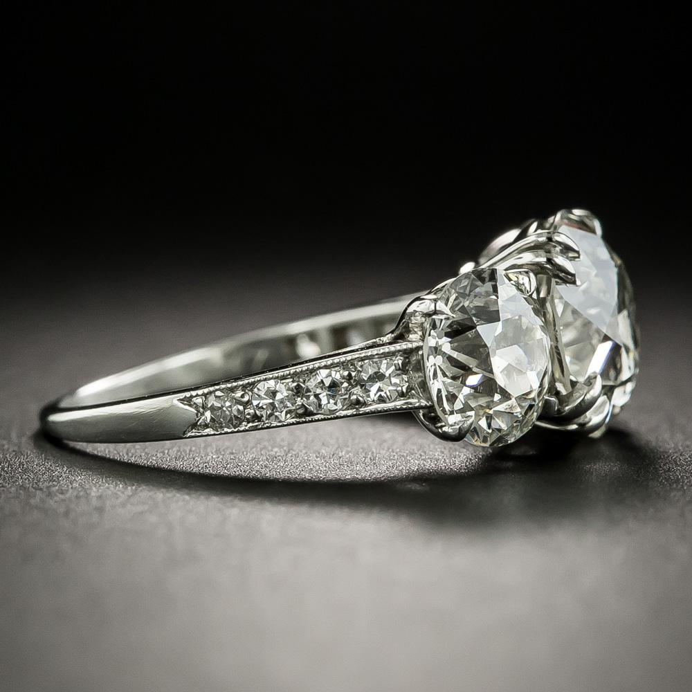Old European Cut Vintage Three-Stone 4.59 Carat Total Weight Diamond Engagement Ring, GIA