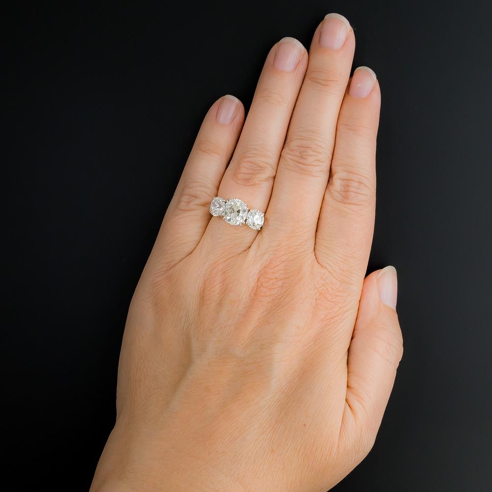 Women's Vintage Three-Stone 4.59 Carat Total Weight Diamond Engagement Ring, GIA