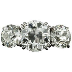 Vintage Three-Stone 4.59 Carat Total Weight Diamond Engagement Ring, GIA