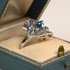 Vintage Three Stone Aquamarine Ring. Marquis Shape Aquamarine Baguette Diamond