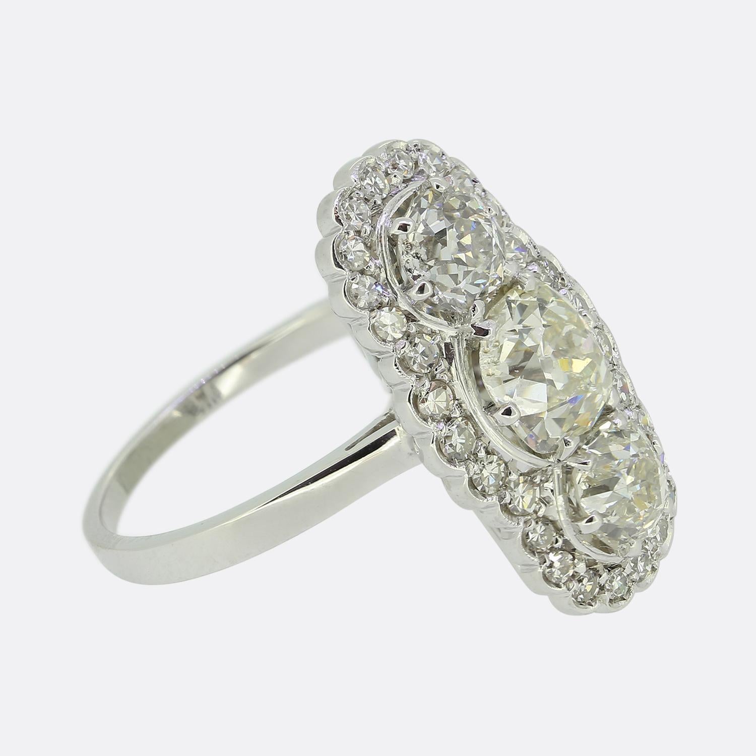 Old European Cut Edwardian Three-Stone Diamond Dress Ring For Sale