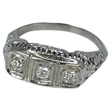 Vintage Three Stone Diamond Ring 14kt White Gold Old Diamonds Antique For Sale