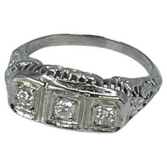 Antique Three Stone Diamond Ring 14kt White Gold Old Diamonds Antique