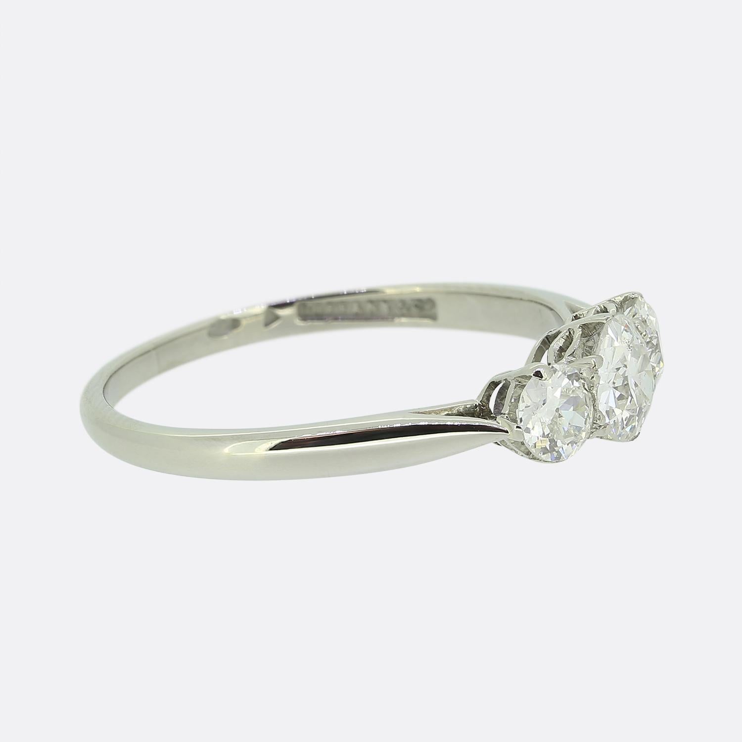 Round Cut Vintage Three-Stone Diamond Ring For Sale