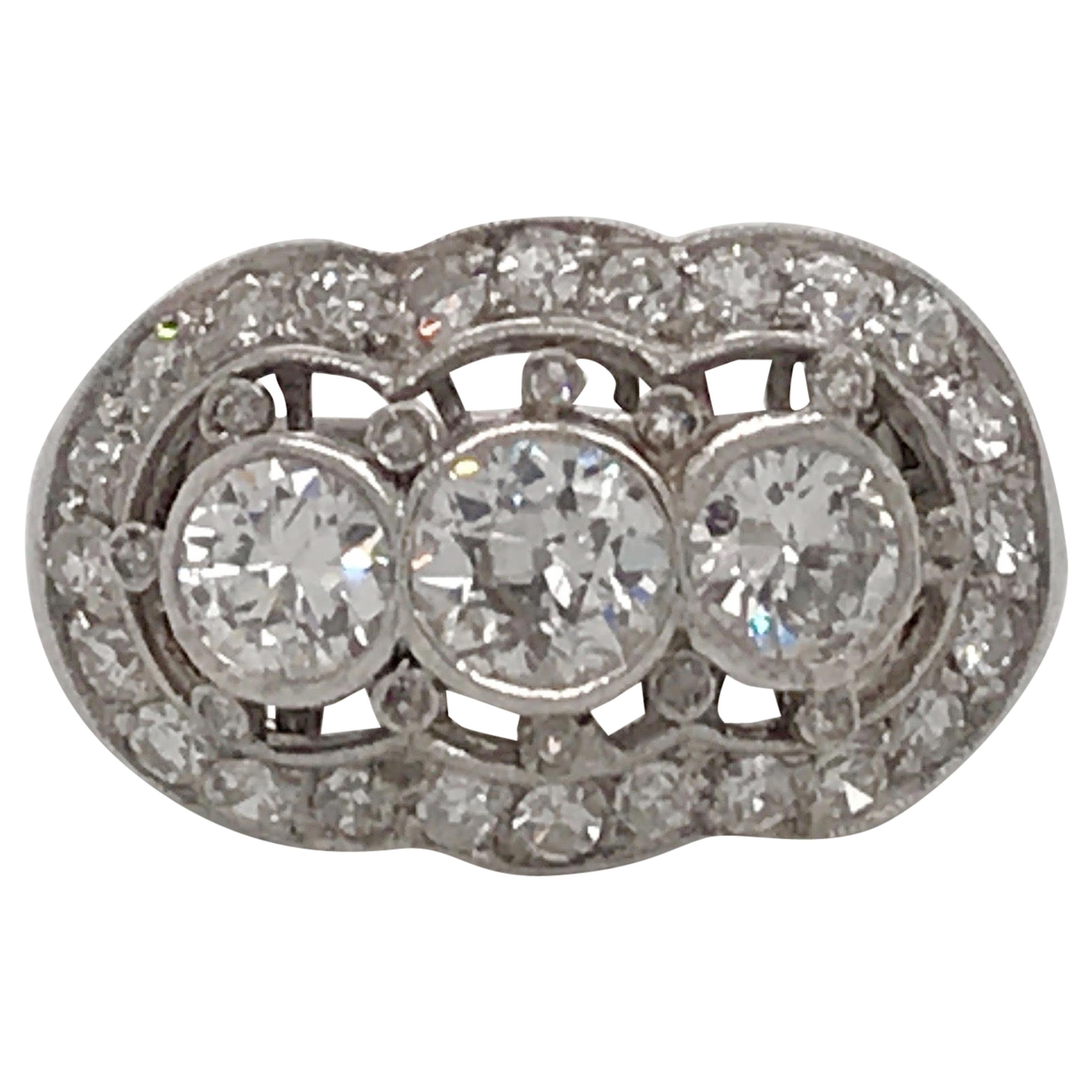 Vintage Three-Stone Diamond Ring Platinum 2 Carat