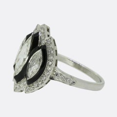 Vintage Three-Stone Marquise Cut Diamond and Enamel Ring