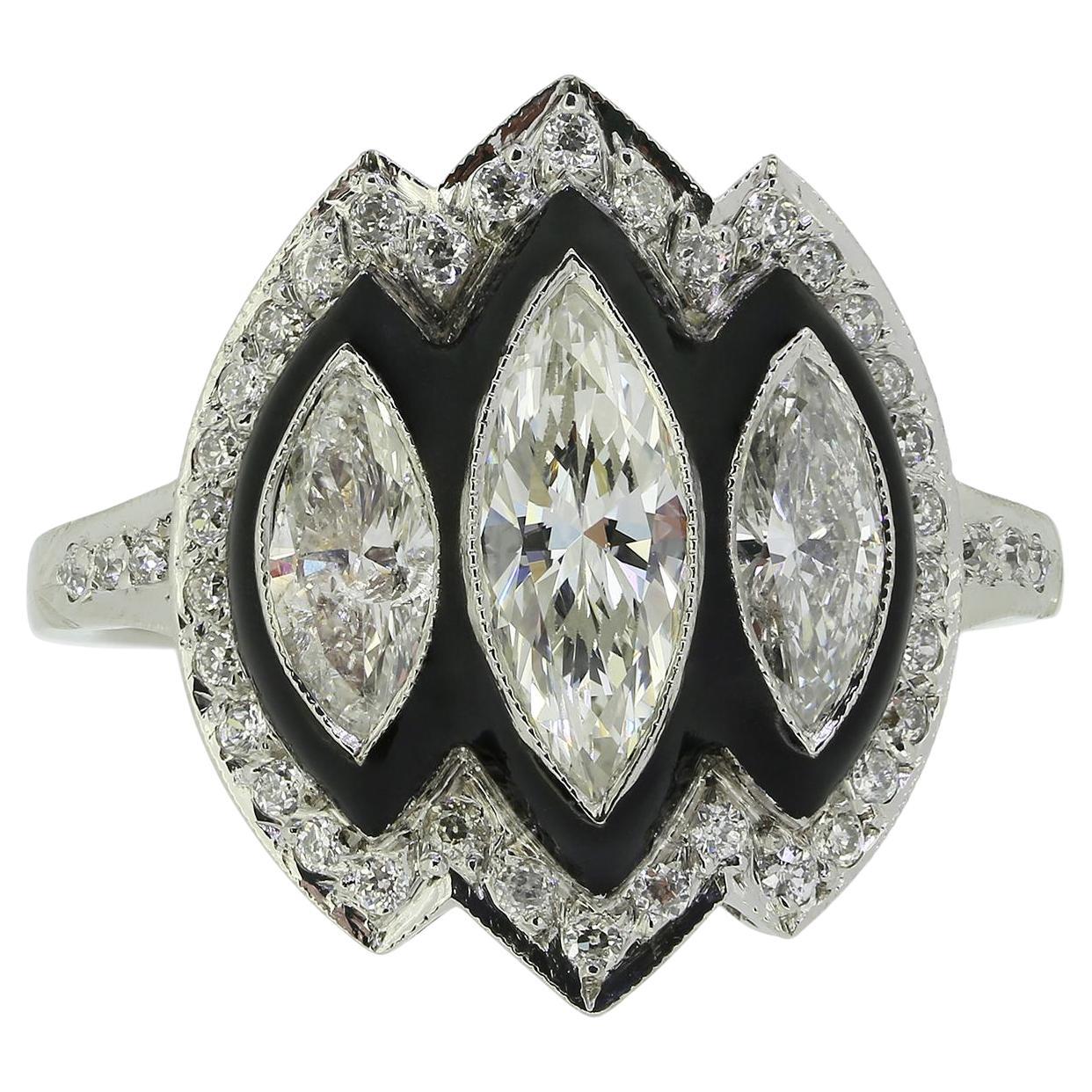 Vintage Three-Stone Marquise Cut Diamond and Enamel Ring