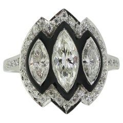 Antique Three-Stone Marquise Cut Diamond and Enamel Ring