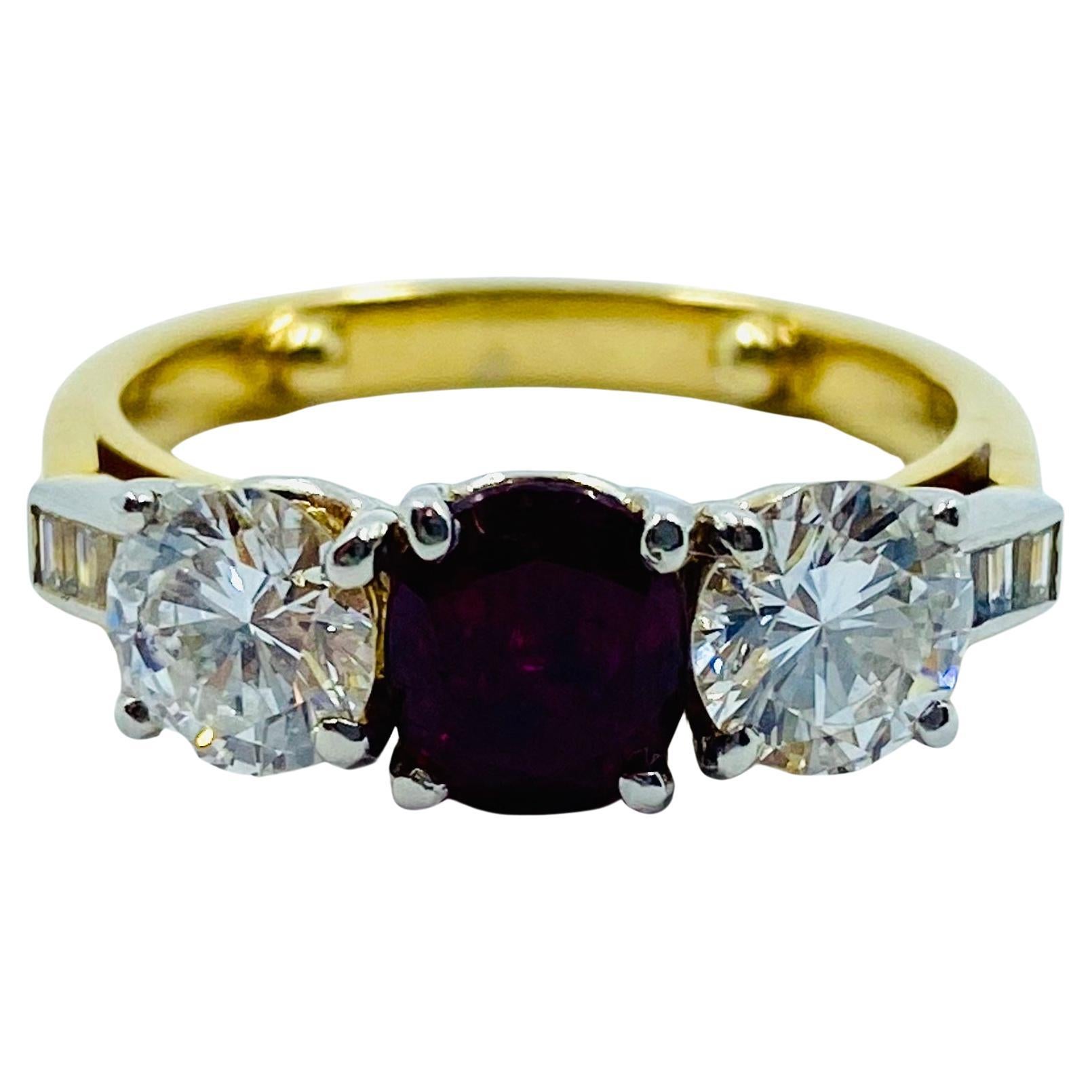 Vintage Three Stone Ring Gold Ruby and Diamond Engagement In Excellent Condition For Sale In Beverly Hills, CA